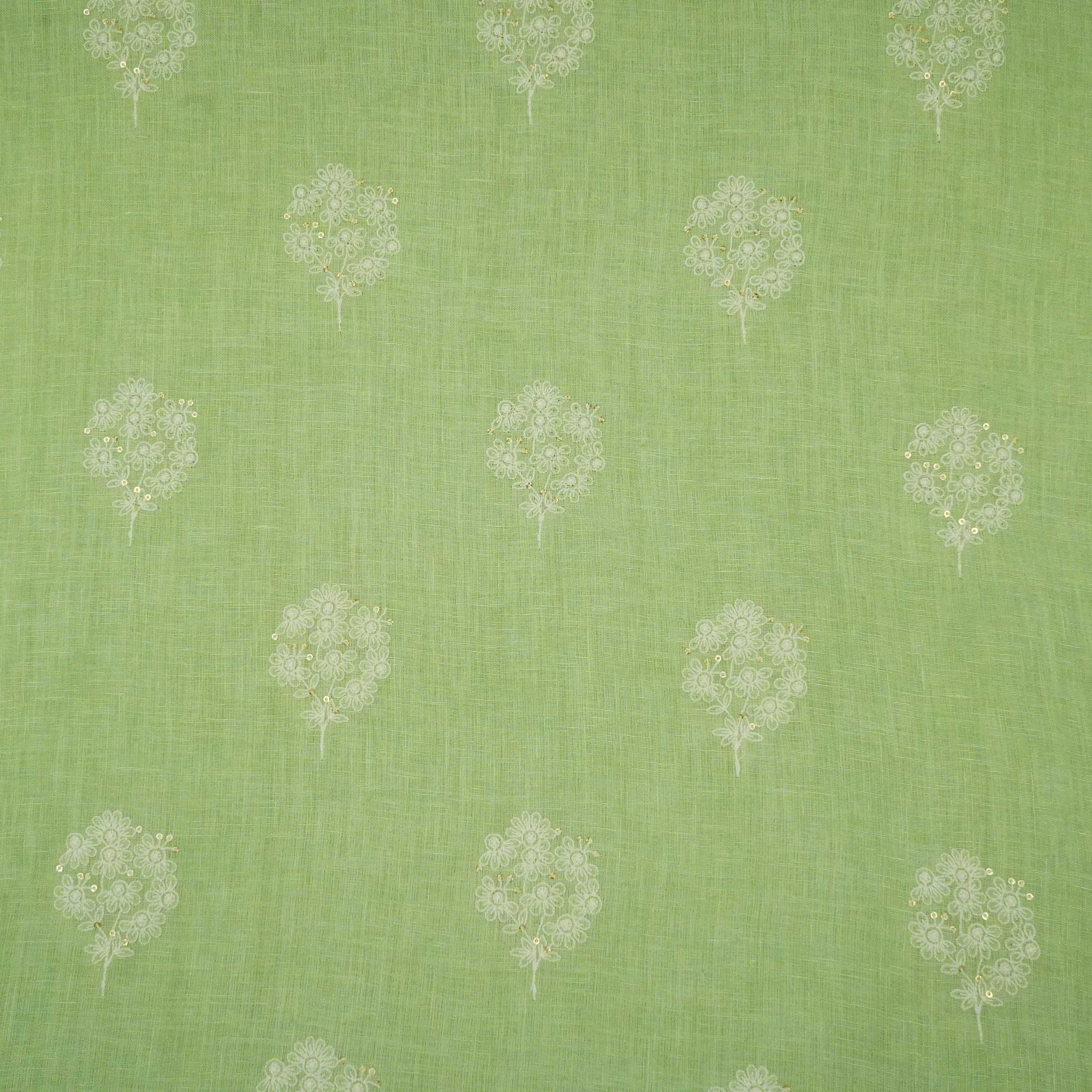 Sage Green floral embroidery Pure Linen Fabric SN-31143 - TradeUNO