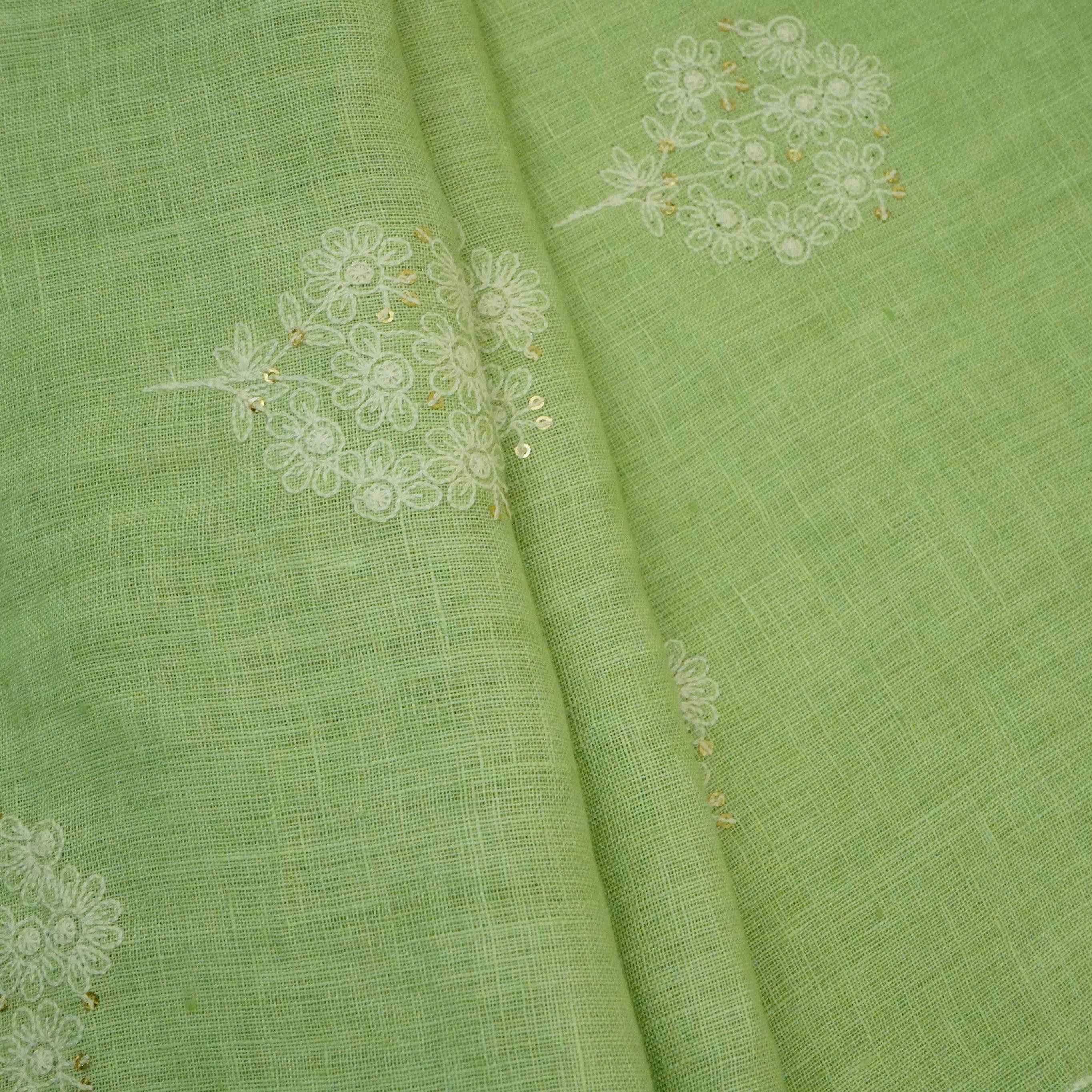 Sage Green floral embroidery Pure Linen Fabric SN-31143 - TradeUNO