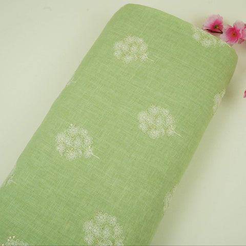 Sage Green floral embroidery Pure Linen Fabric SN-31143