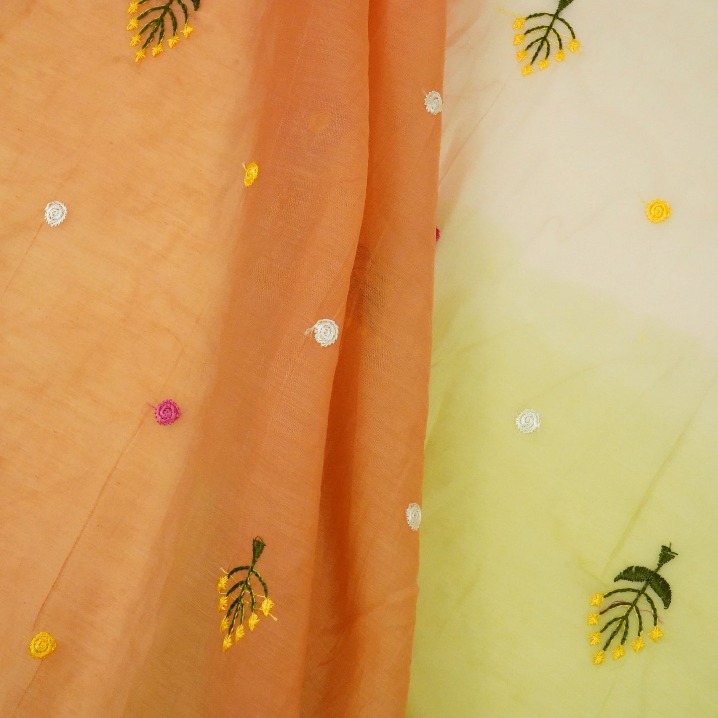 Rust With Multicolor 4D Shaded Embroidery Mul Chanderi Fabric DC-30685