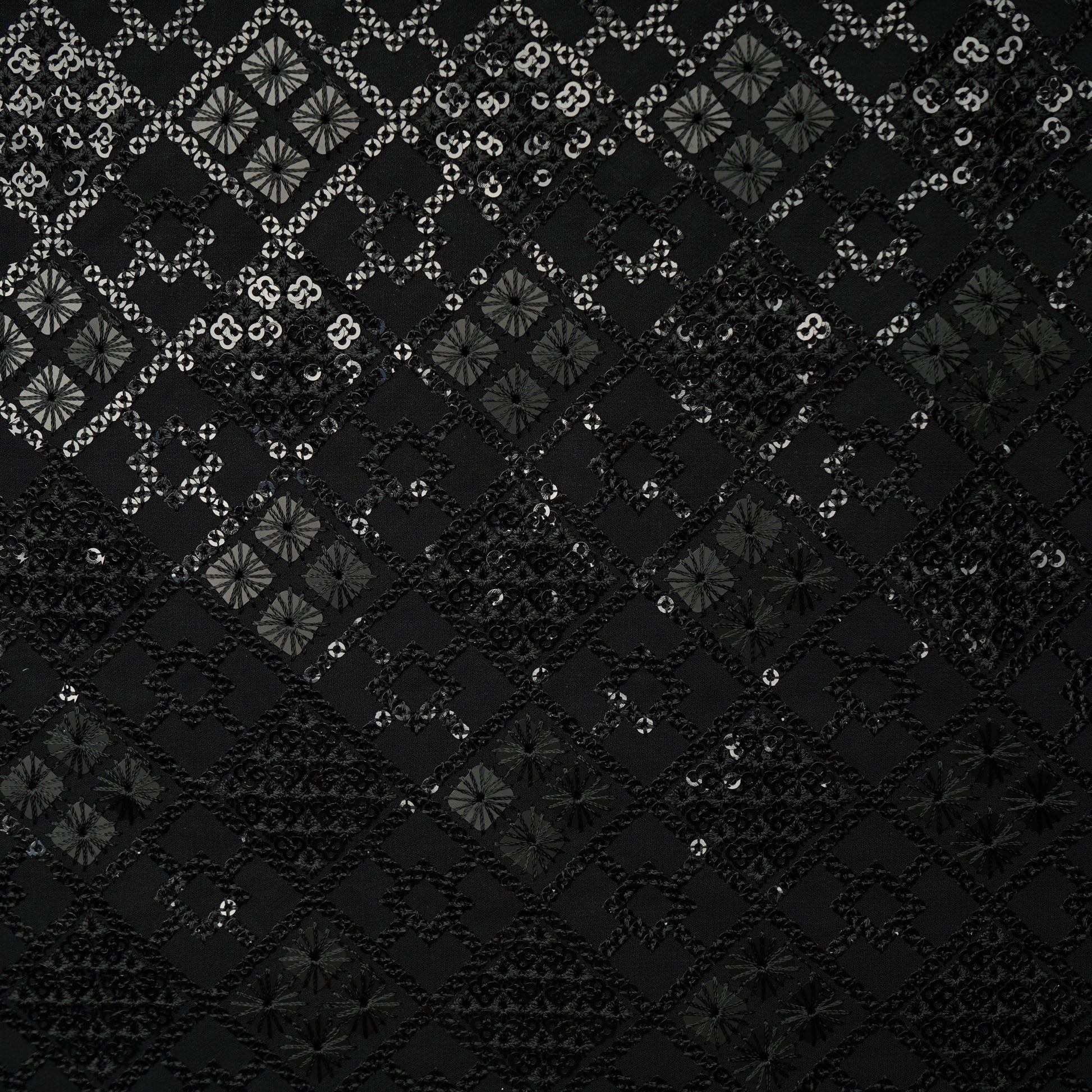 Black Geometrical Sequins Embroidery Georgette Fabric 15539