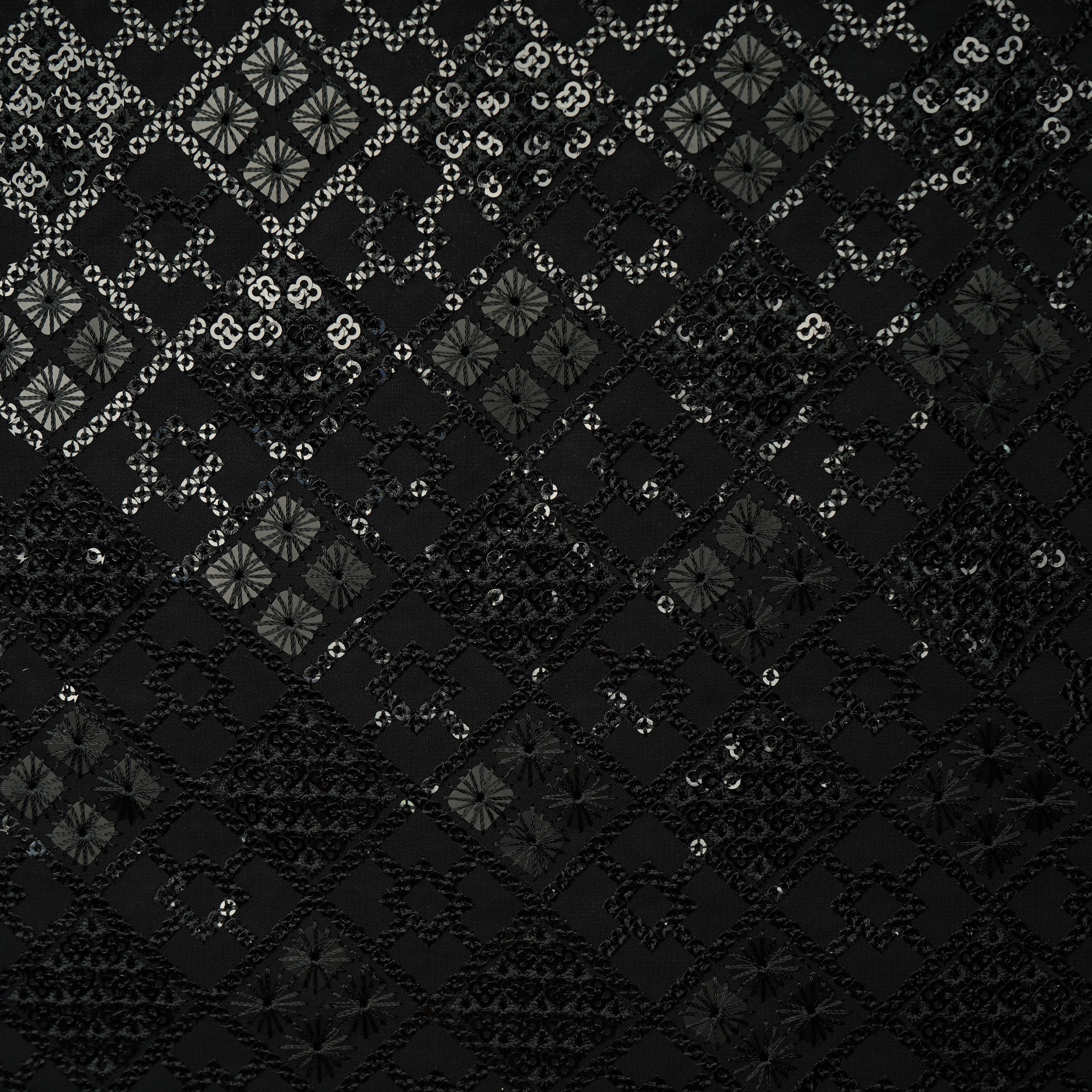Black Geometrical Sequins Embroidery Georgette Fabric 15539