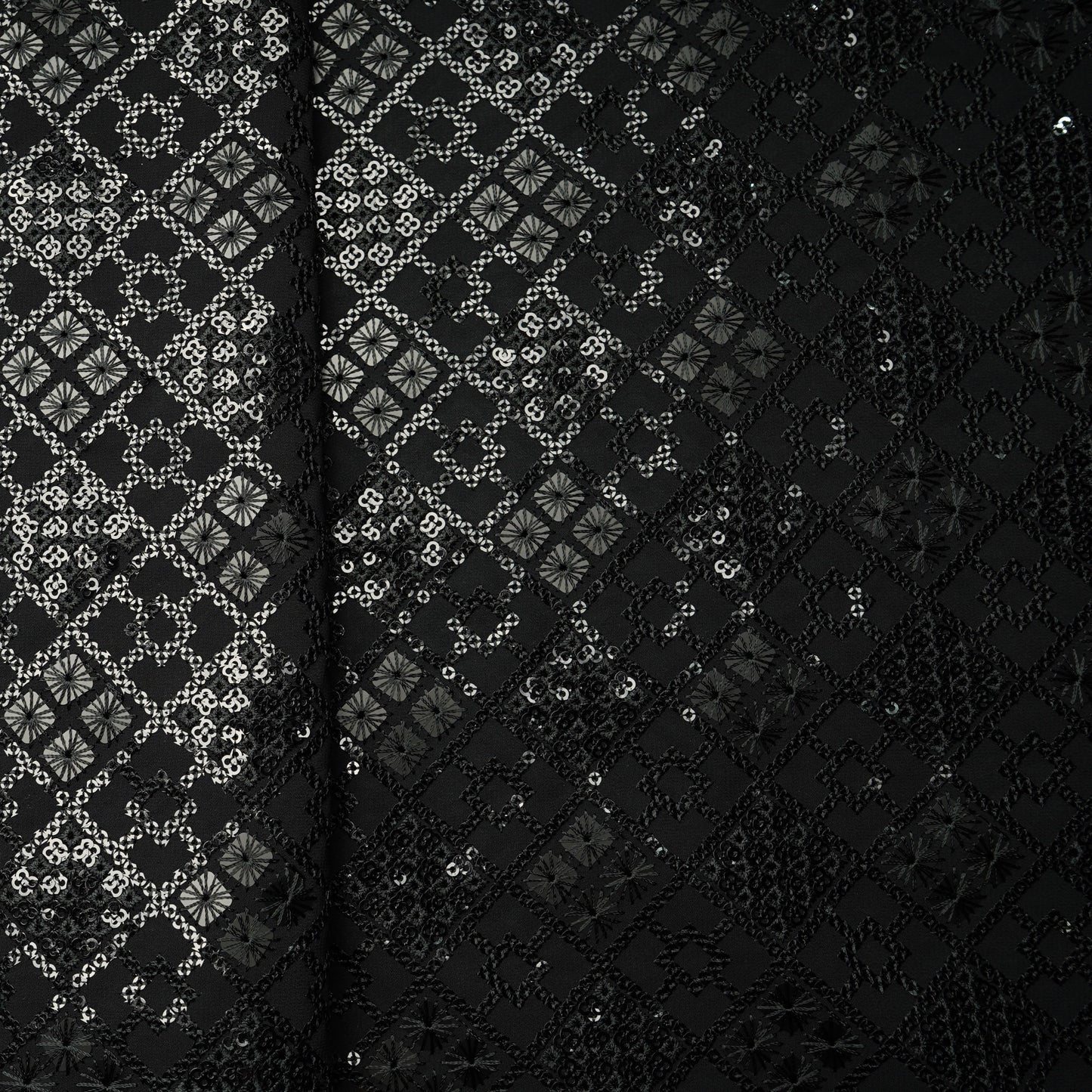 Black Geometrical Sequins Embroidery Georgette Fabric 15539