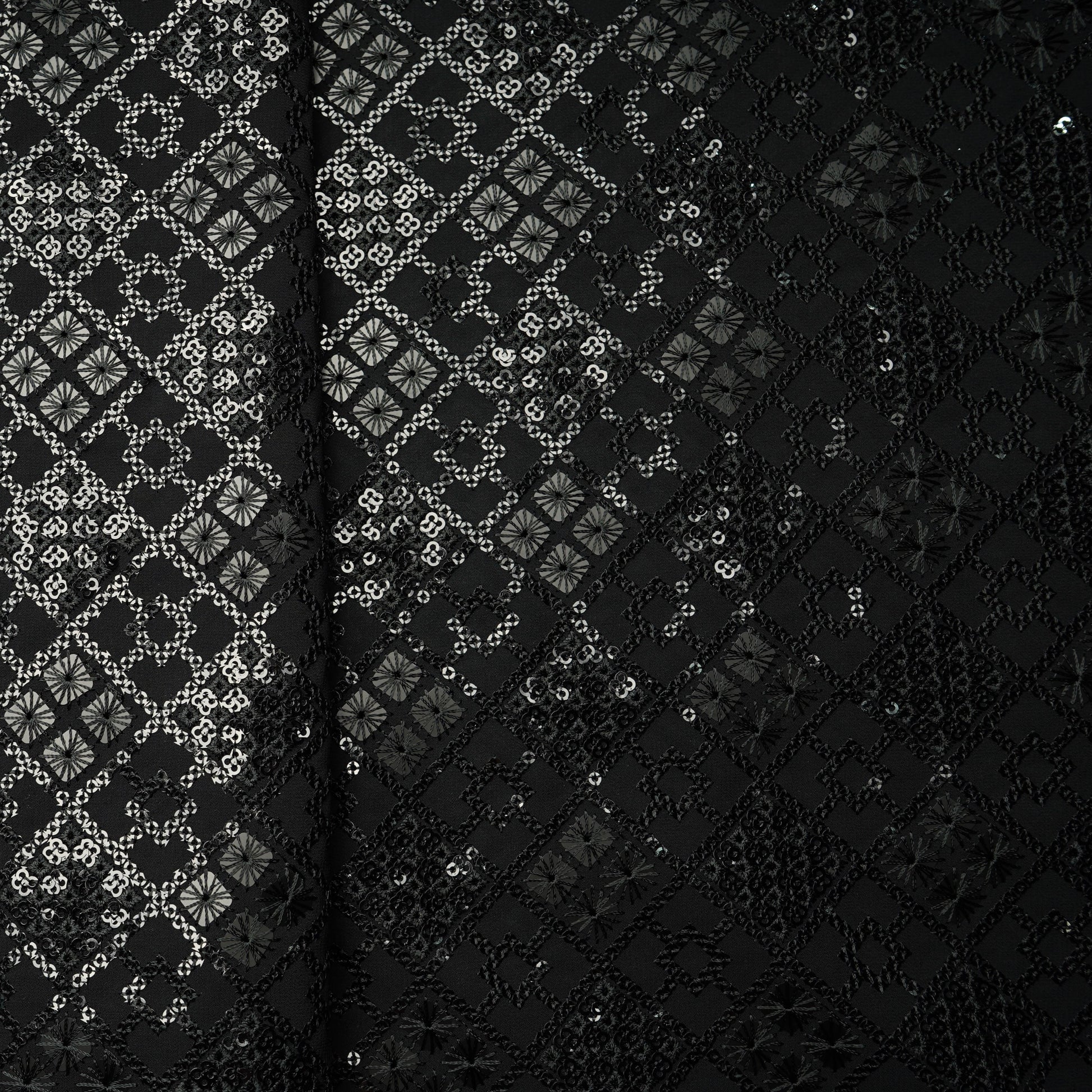 Black Geometrical Sequins Embroidery Georgette Fabric 15539