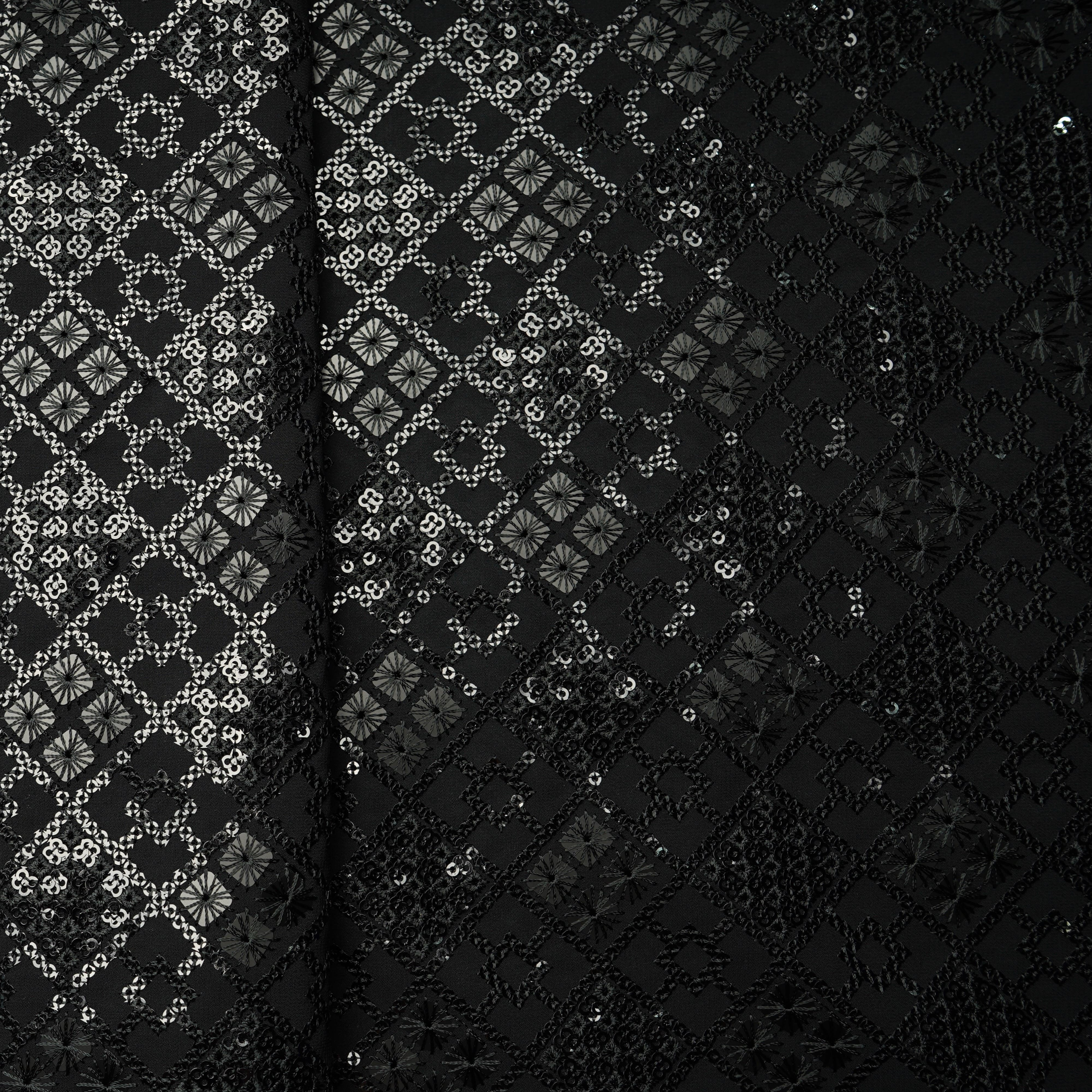 Black Geometrical Sequins Embroidery Georgette Fabric 15539