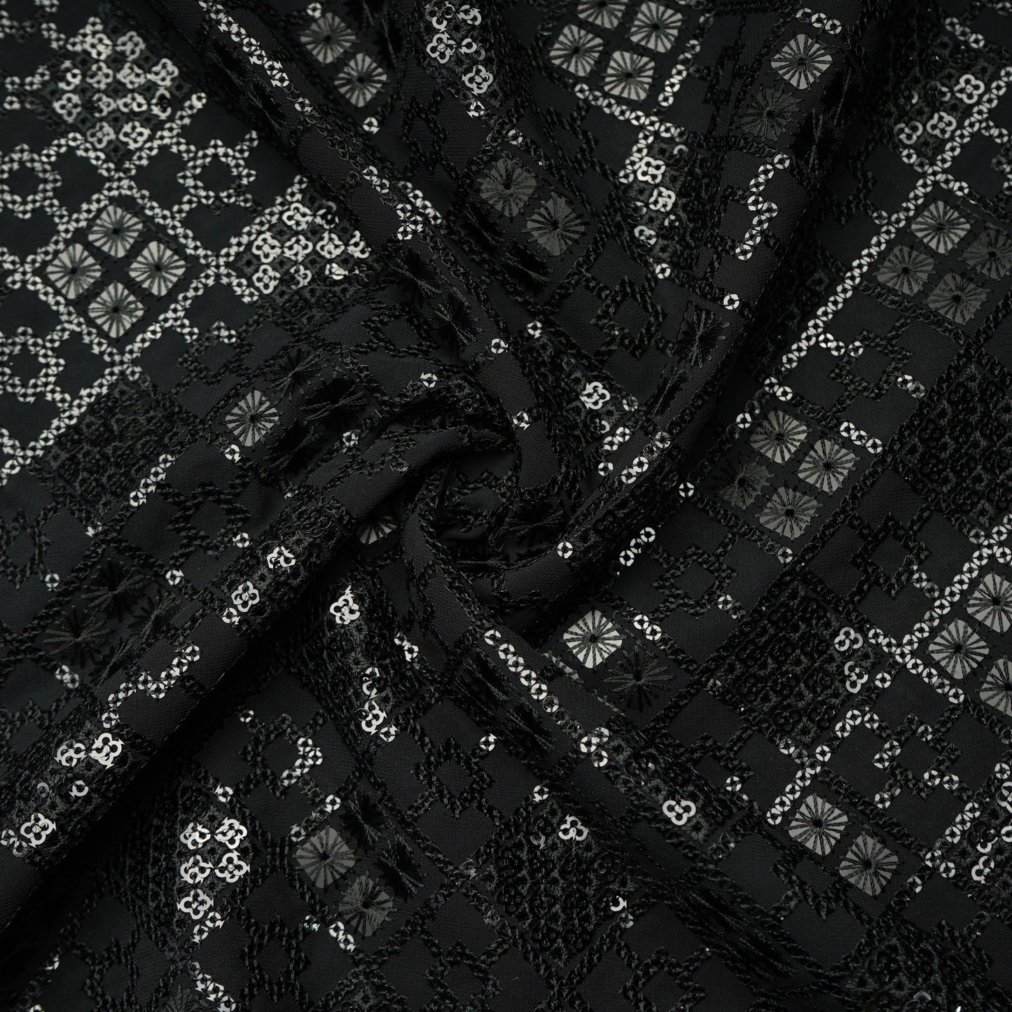 Black Geometrical Sequins Embroidery Georgette Fabric 15539