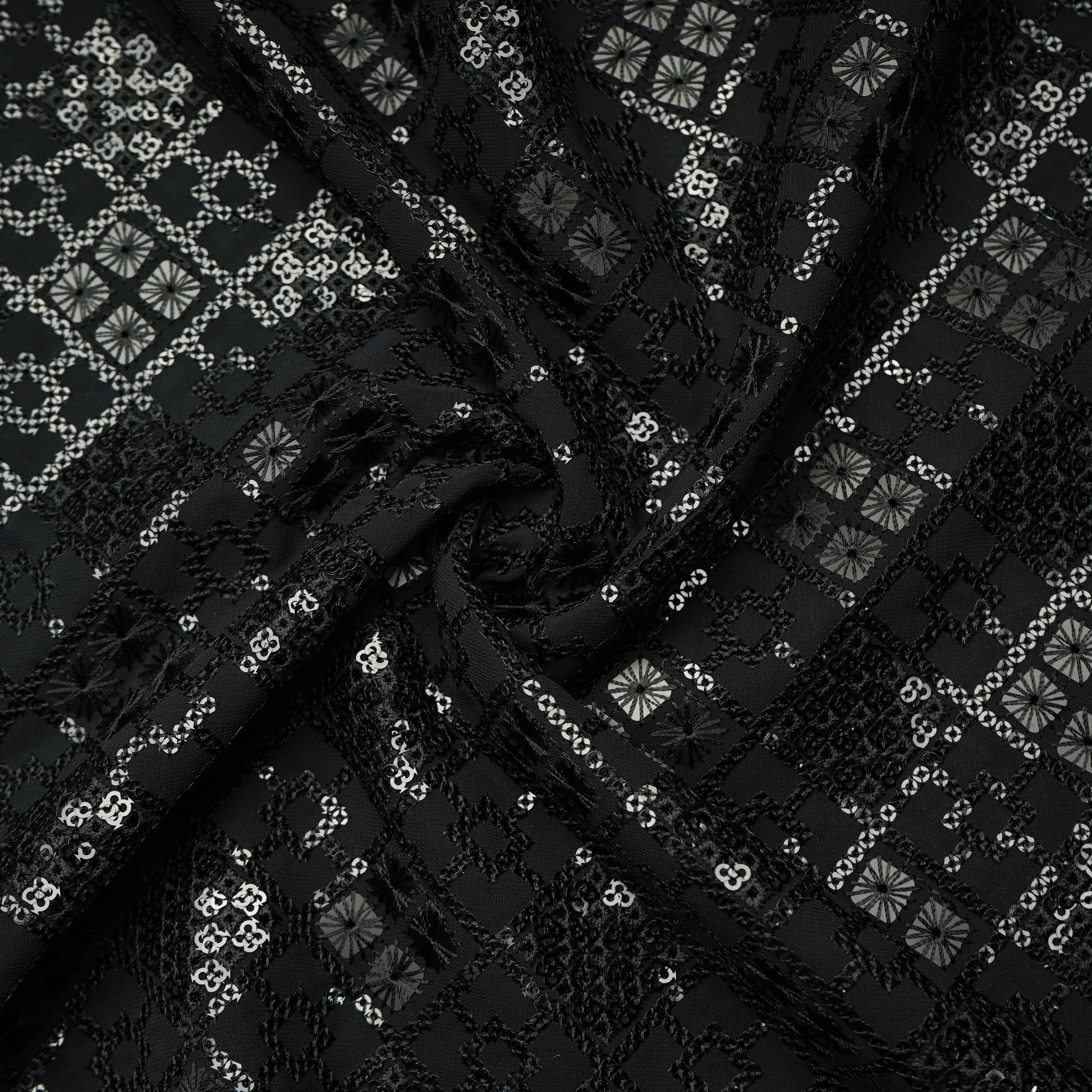 Black Geometrical Sequins Embroidery Georgette Fabric 15539
