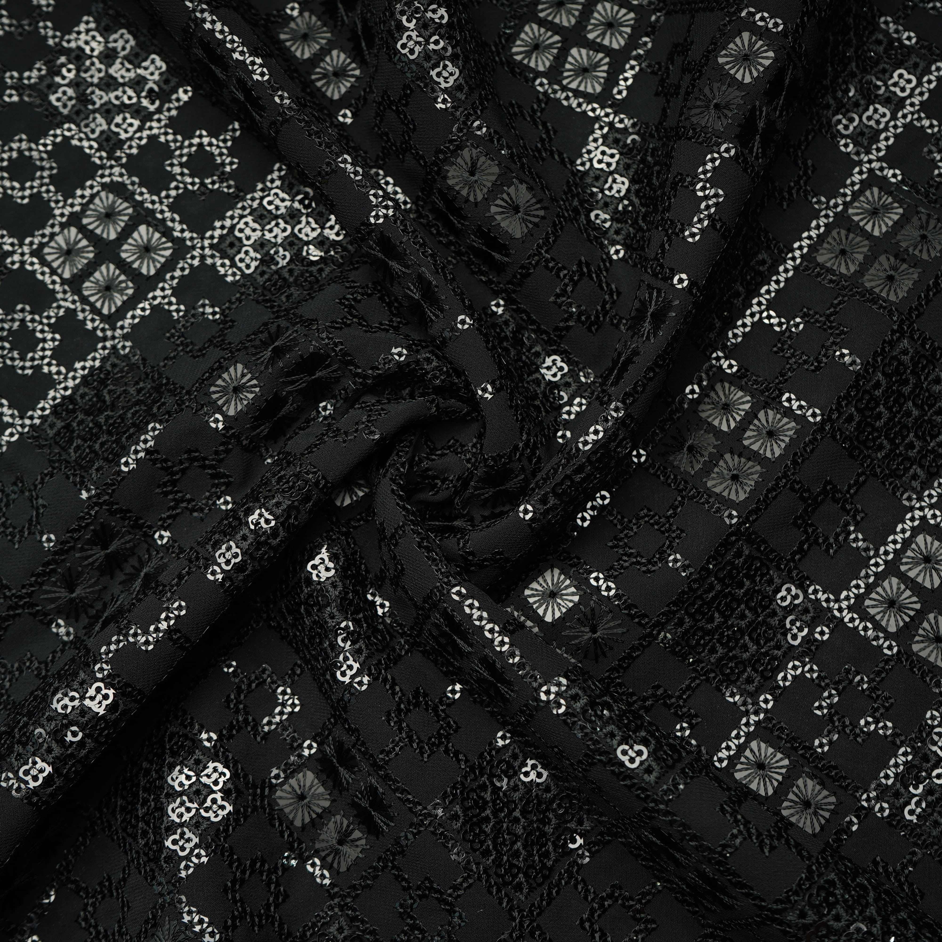 Black Geometrical Sequins Embroidery Georgette Fabric 15539