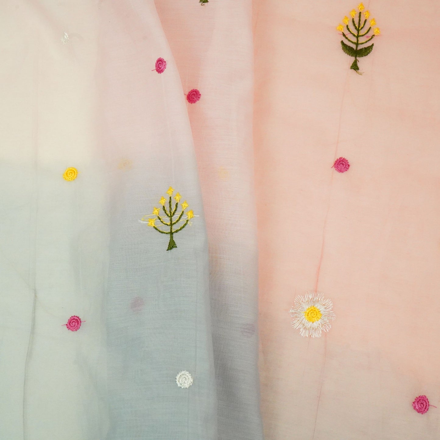Silver Grey With Multicolor 4D Shaded Embroidery Mul Chanderi Fabric DC-30688