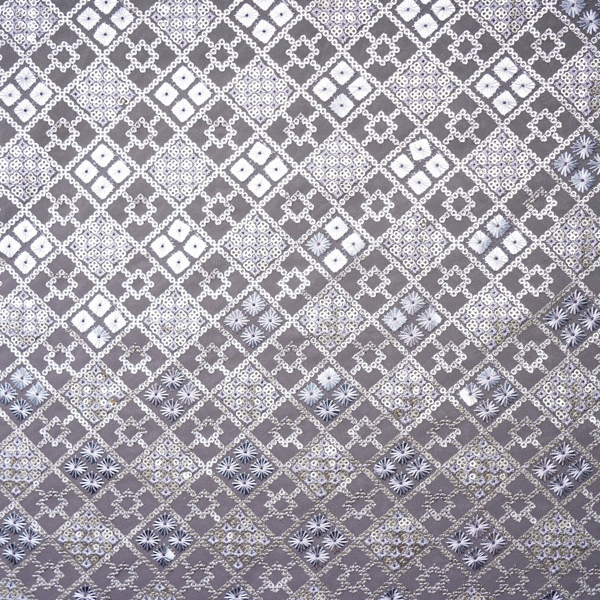 Smoke Grey Geometrical Sequins Embroidery Georgette Fabric 15540