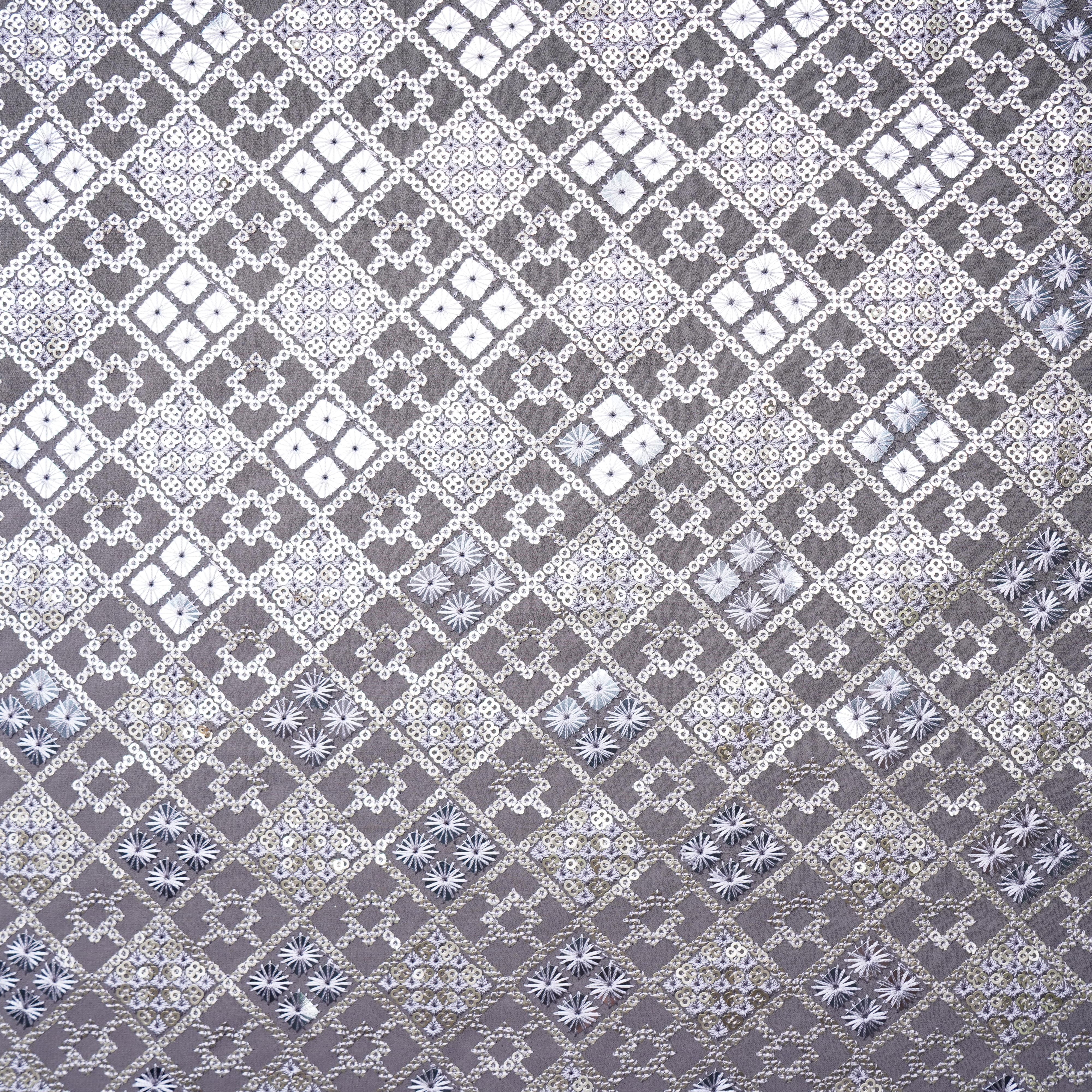 Smoke Grey Geometrical Sequins Embroidery Georgette Fabric 15540