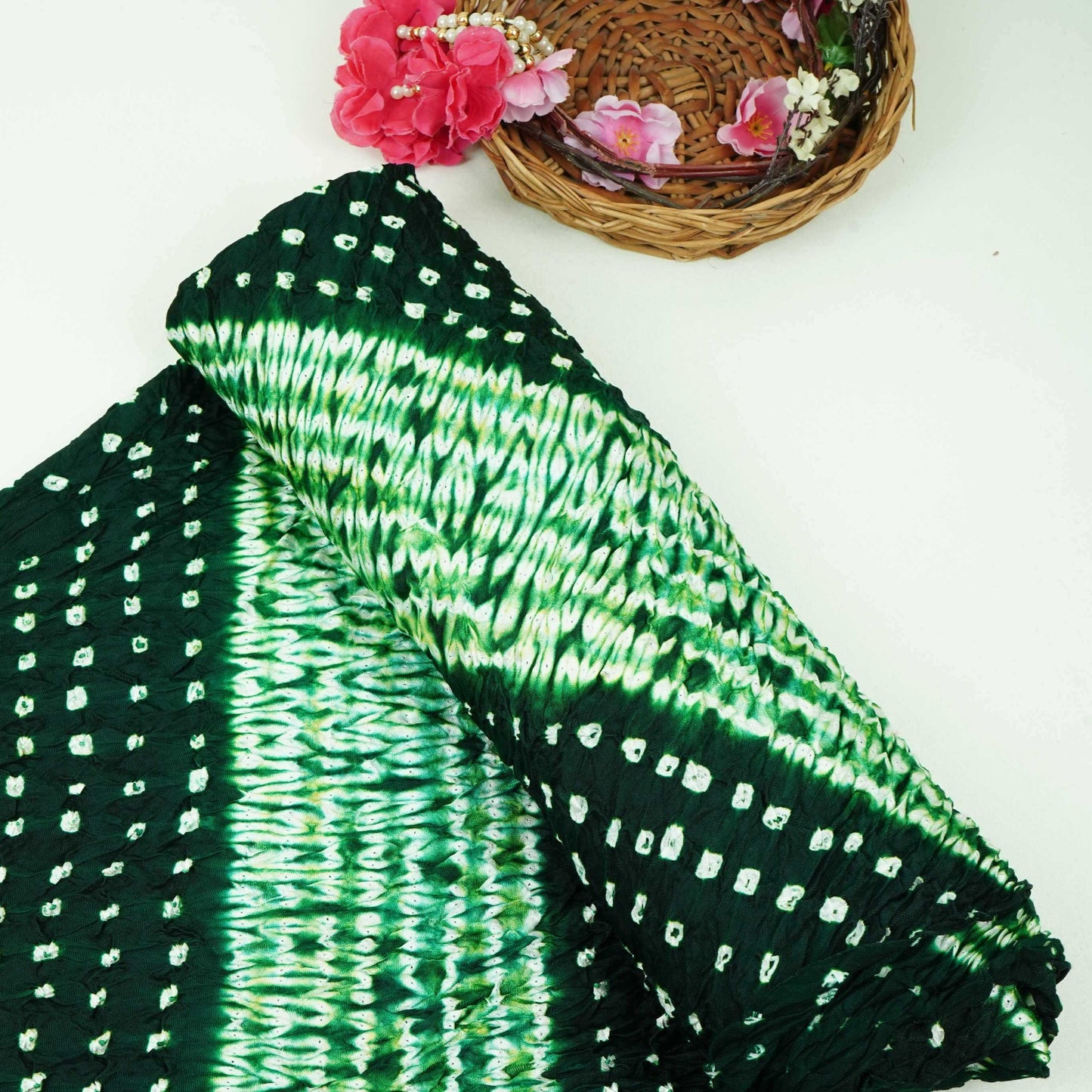 Dark Green Shibori Lehriya Bandhani Modal Silk Fabric BK-32709