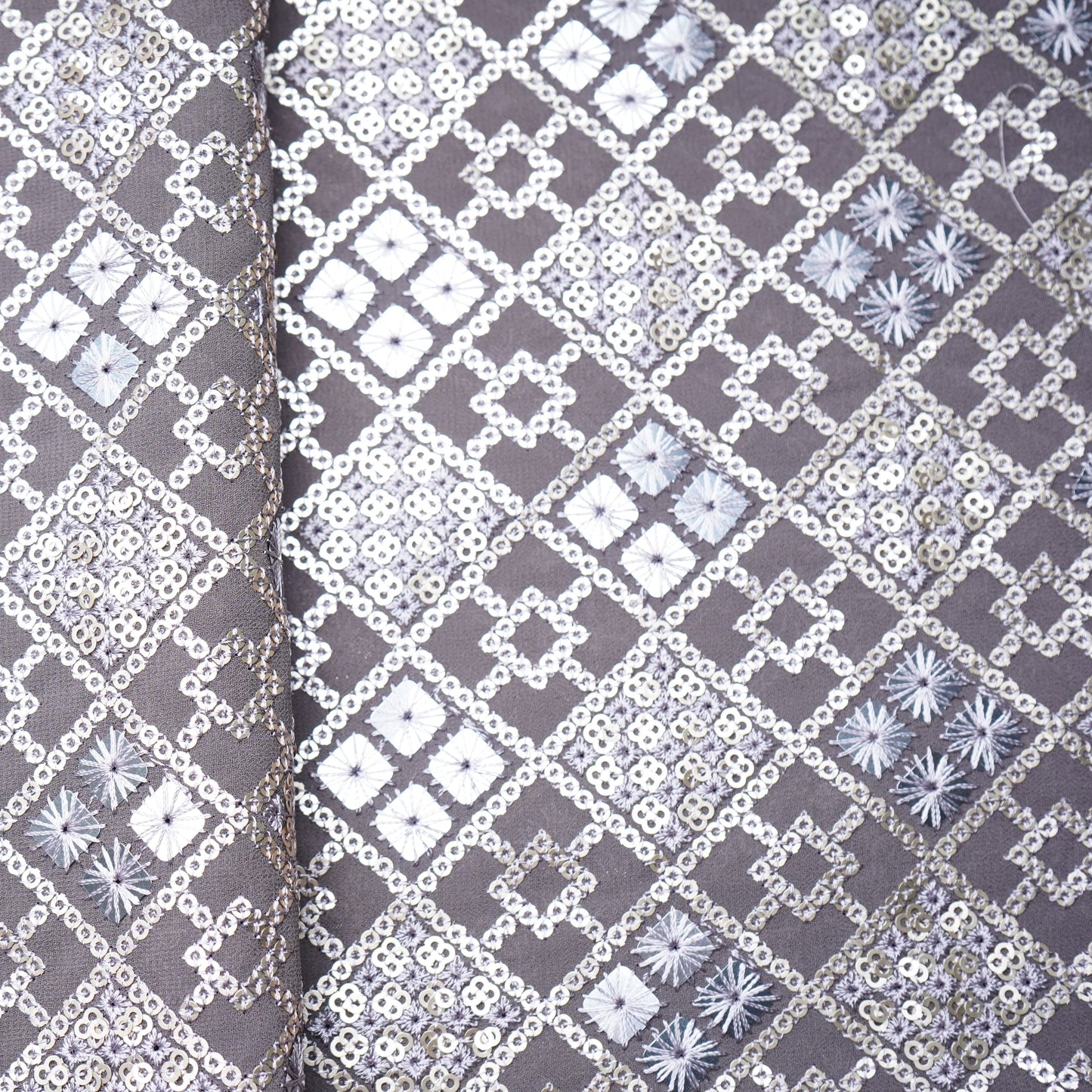 Smoke Grey Geometrical Sequins Embroidery Georgette Fabric 15540