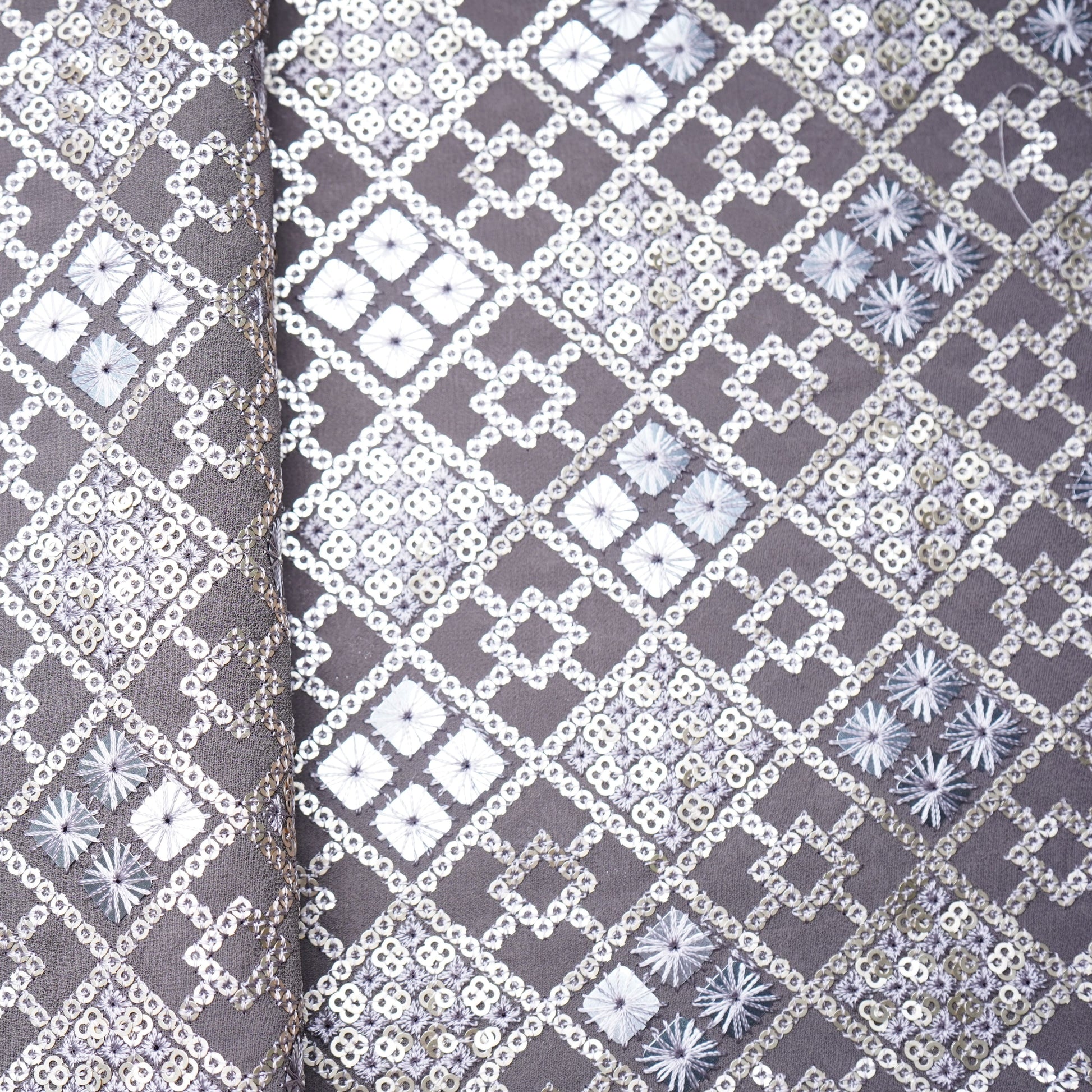 Smoke Grey Geometrical Sequins Embroidery Georgette Fabric 15540