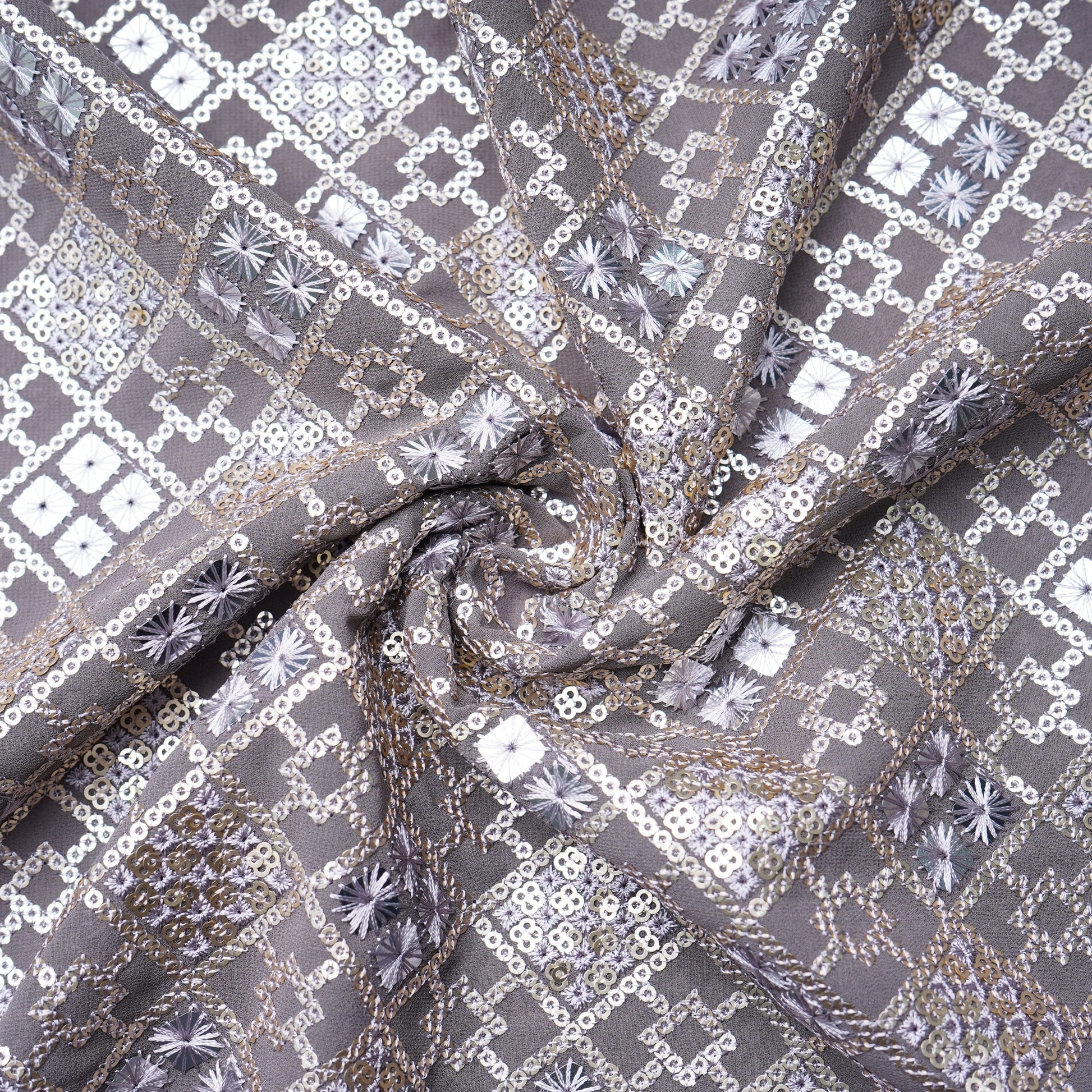 Smoke Grey Geometrical Sequins Embroidery Georgette Fabric 15540