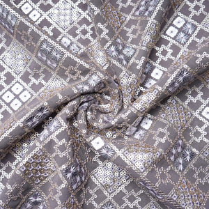 Smoke Grey Geometrical Sequins Embroidery Georgette Fabric 15540