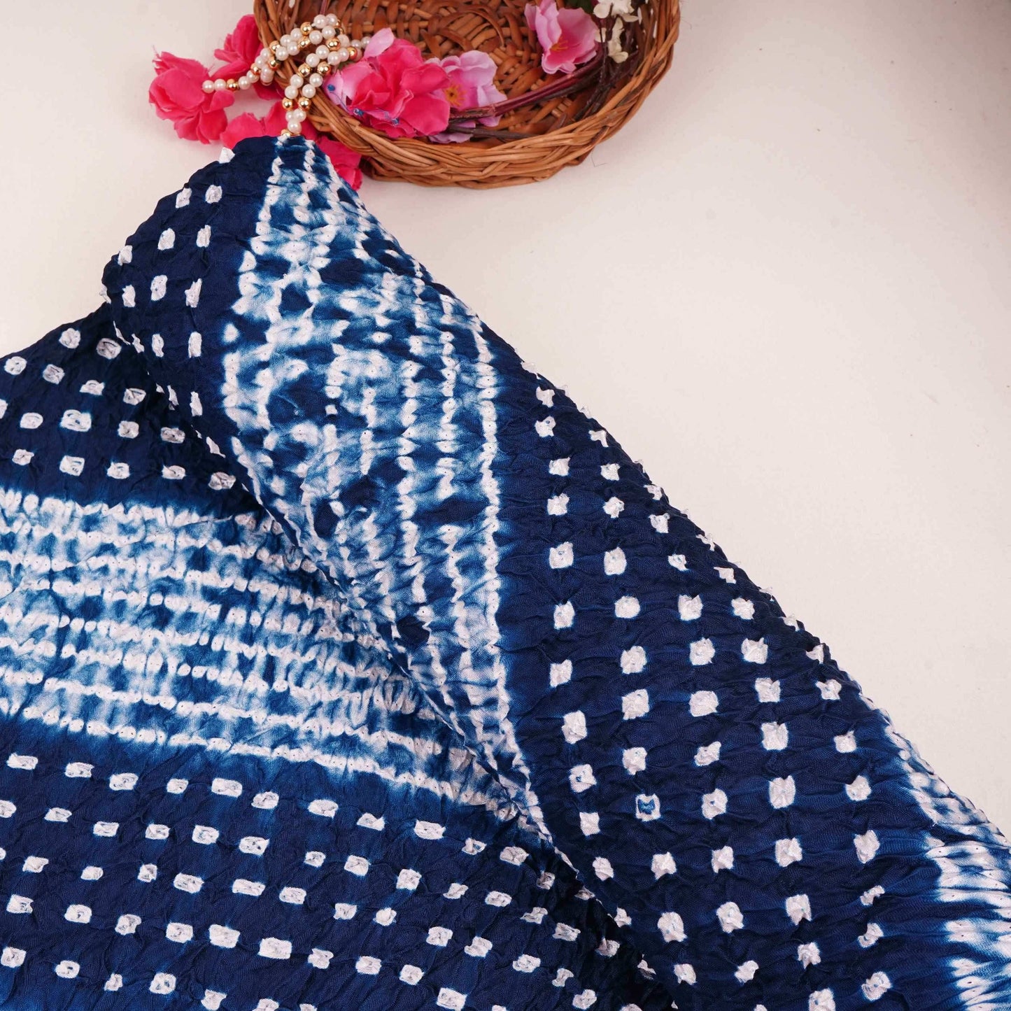 Navy Blue Shibori Lehriya Bandhani Modal Silk Fabric BK-32705