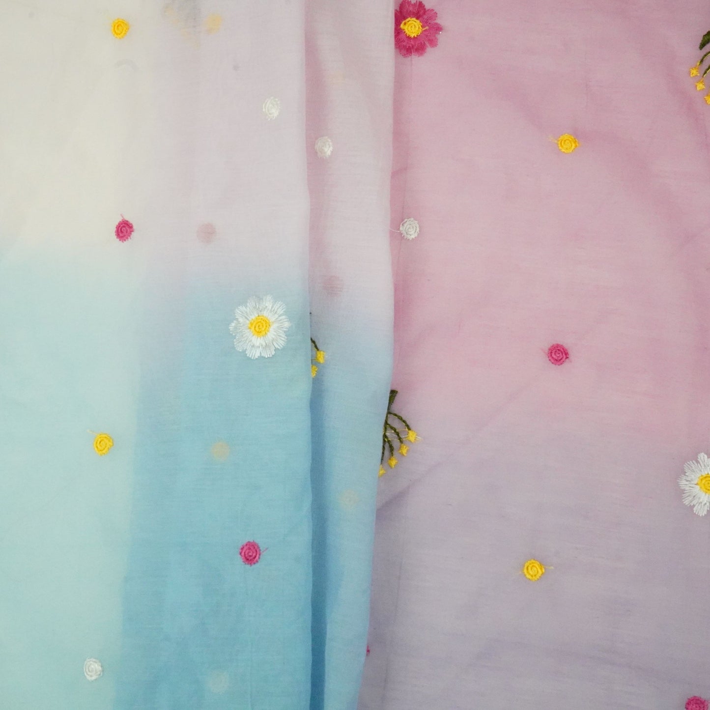 Sky Blue With Multicolor 4D Shaded Embroidery Mul Chanderi Fabric DC-30684