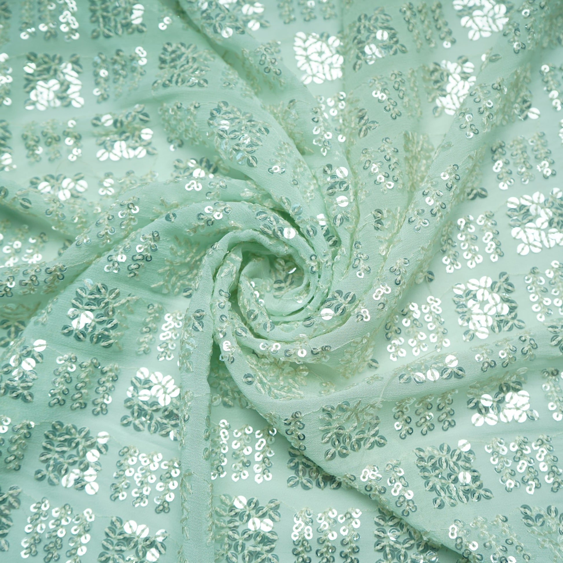 Mint Green Geometrical Sequence Embroidery Georgette Fabric 16213