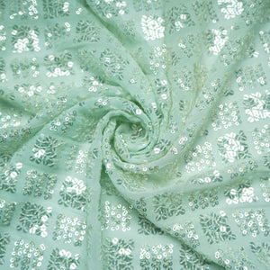 Mint Green Geometrical Sequence Embroidery Georgette Fabric 16213