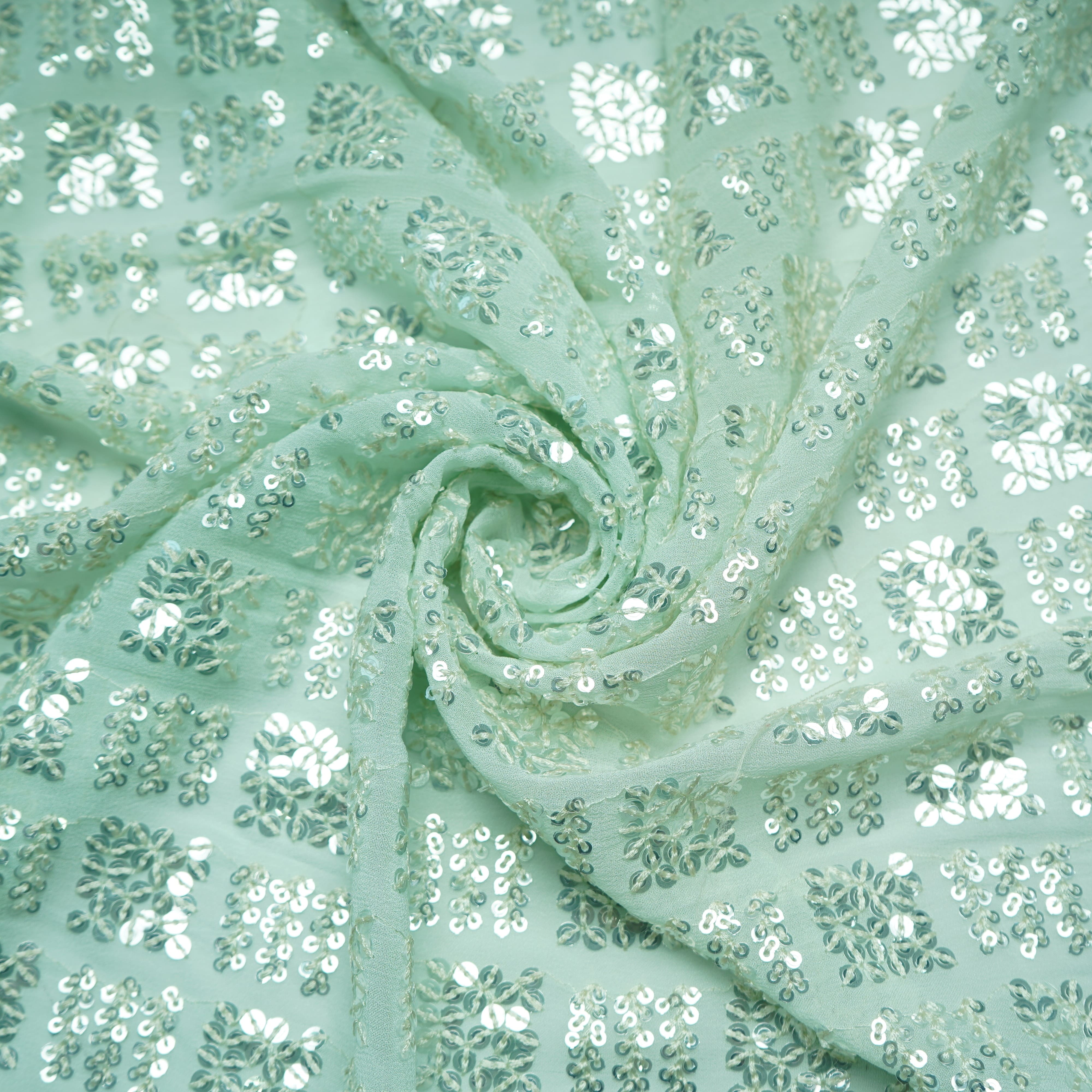Mint Green Geometrical Sequence Embroidery Georgette Fabric 16213