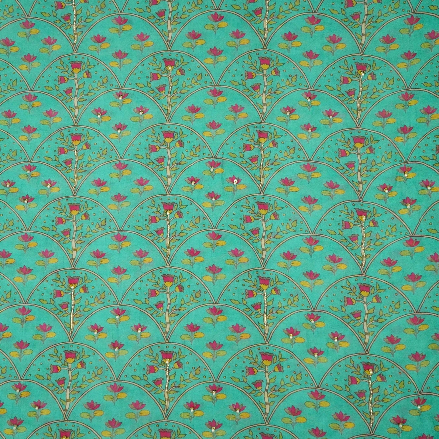 Turquoise Blue Floral Cutdana Mul Chanderi Fabric VF-30643