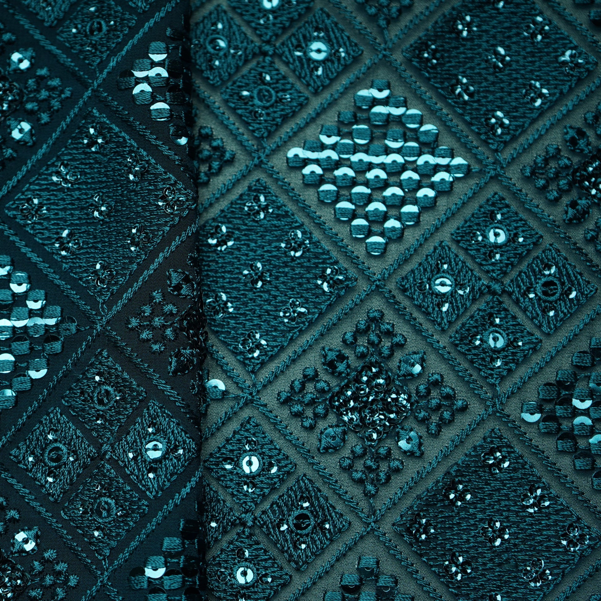 Green Geometrical Thread Work Georgette Fabric 17855