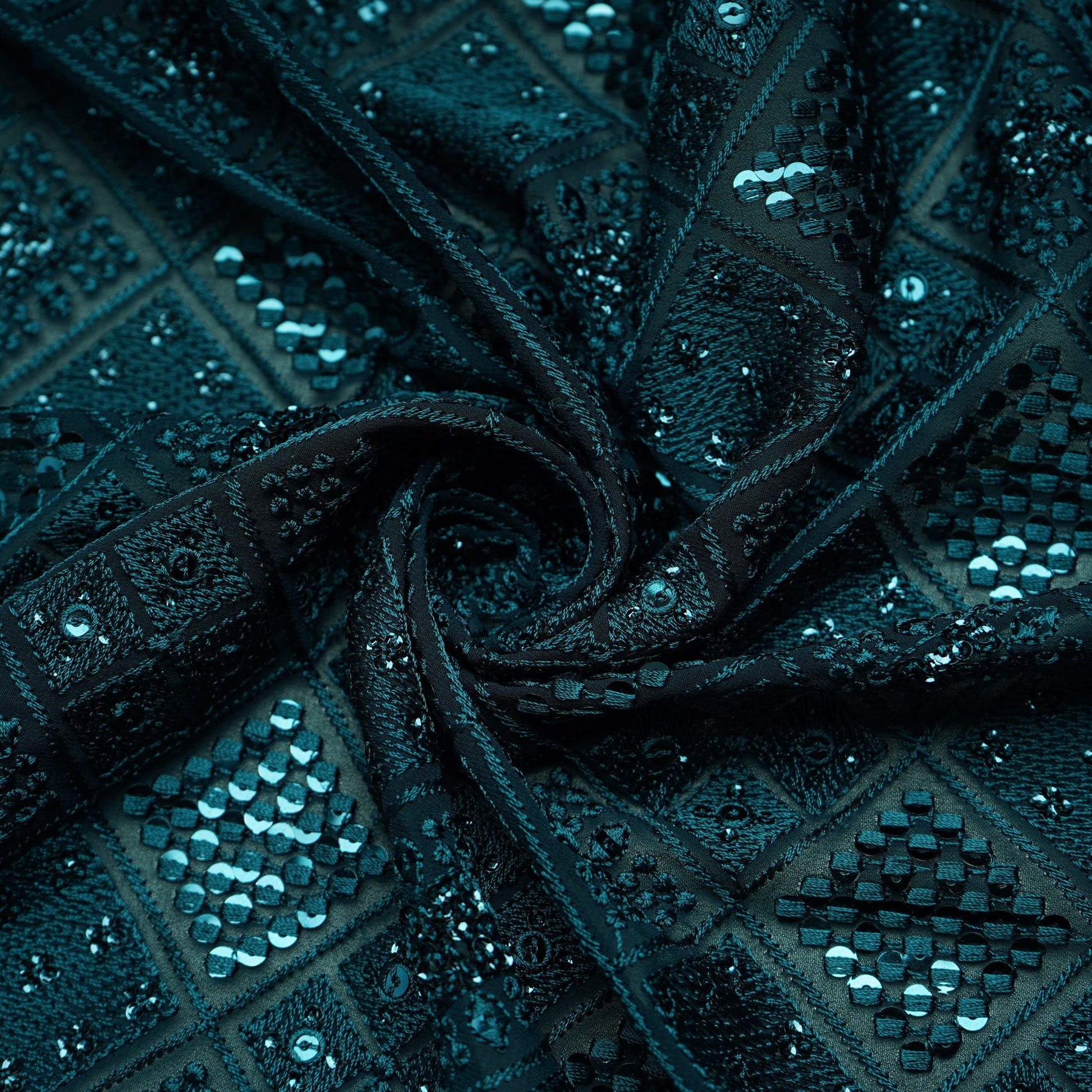 Green Geometrical Thread Work Georgette Fabric 17855