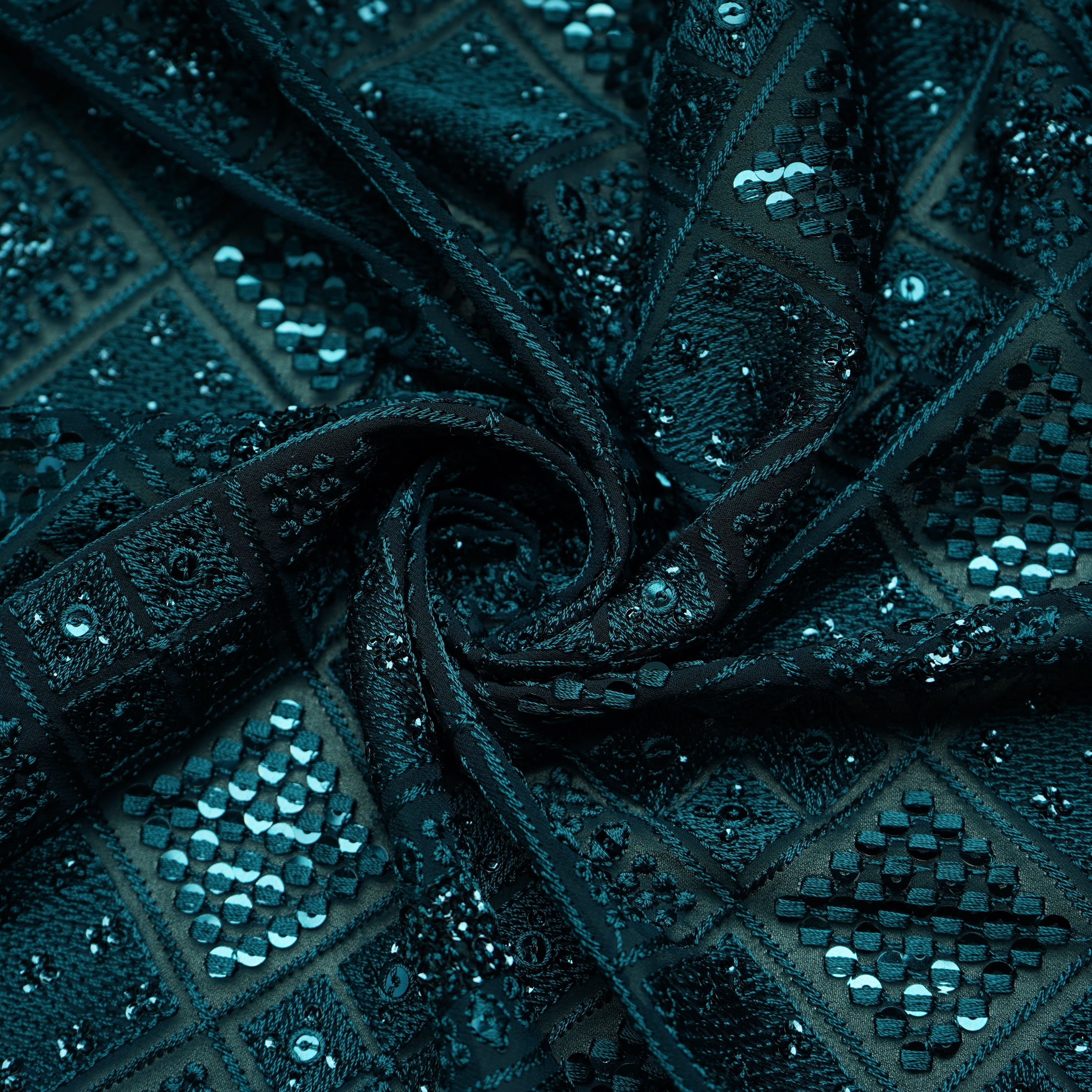 Green Geometrical Thread Work Georgette Fabric 17855