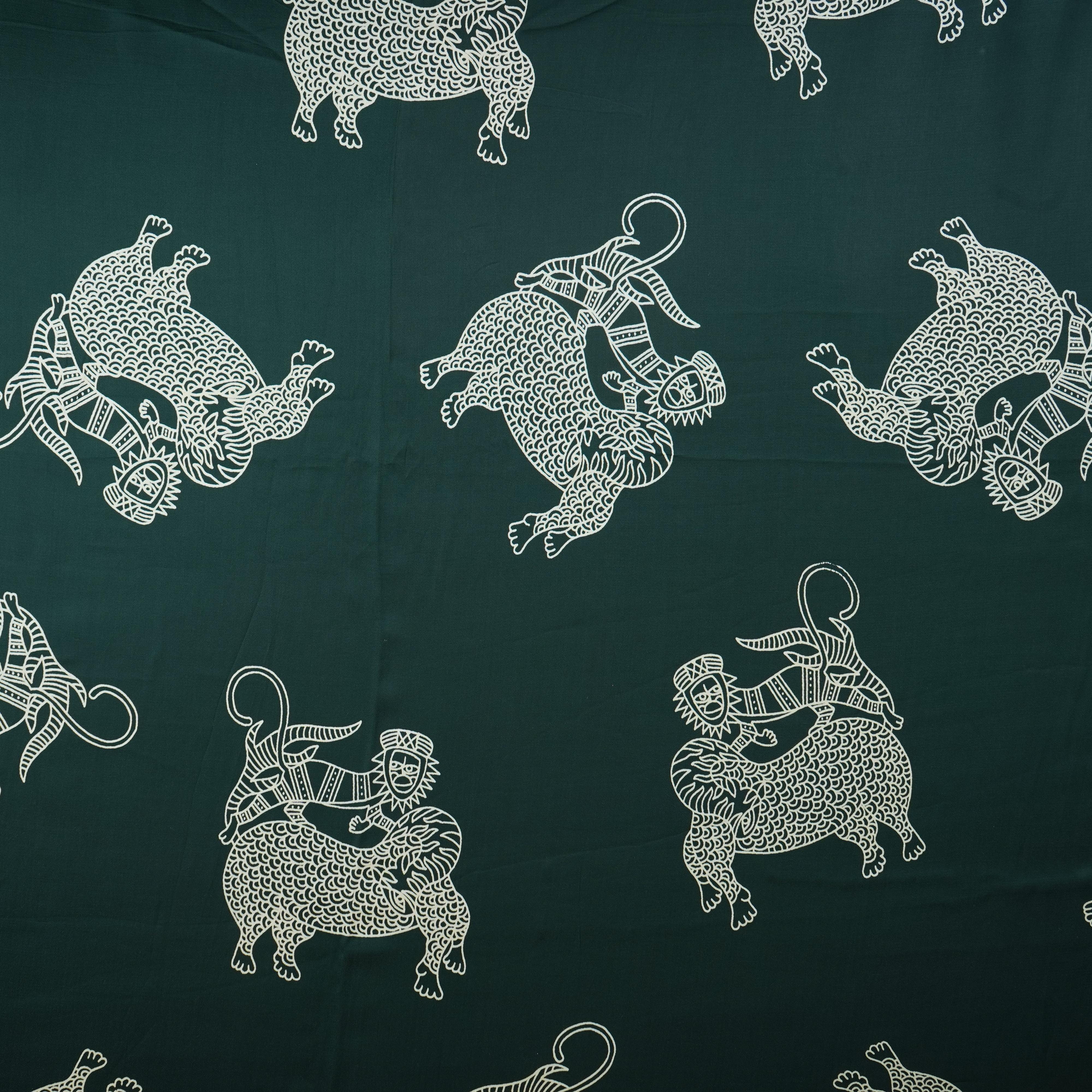Dark Green Gond art Print Modal Satin SN-29516 - TradeUNO