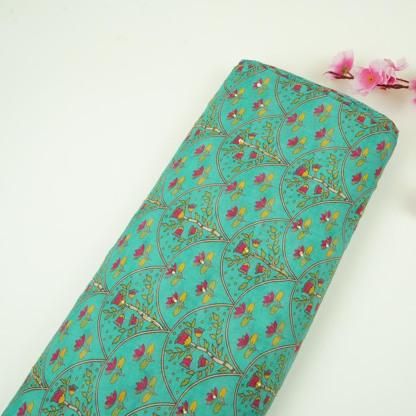 Turquoise Blue Floral Cutdana Mul Chanderi Fabric VF-30643