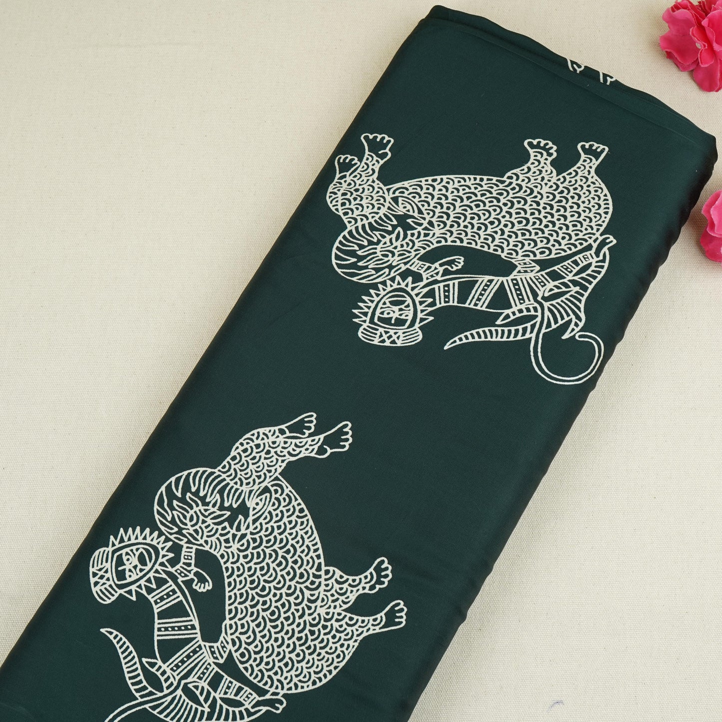 Dark Green Gond art Print Modal Satin SN-29516