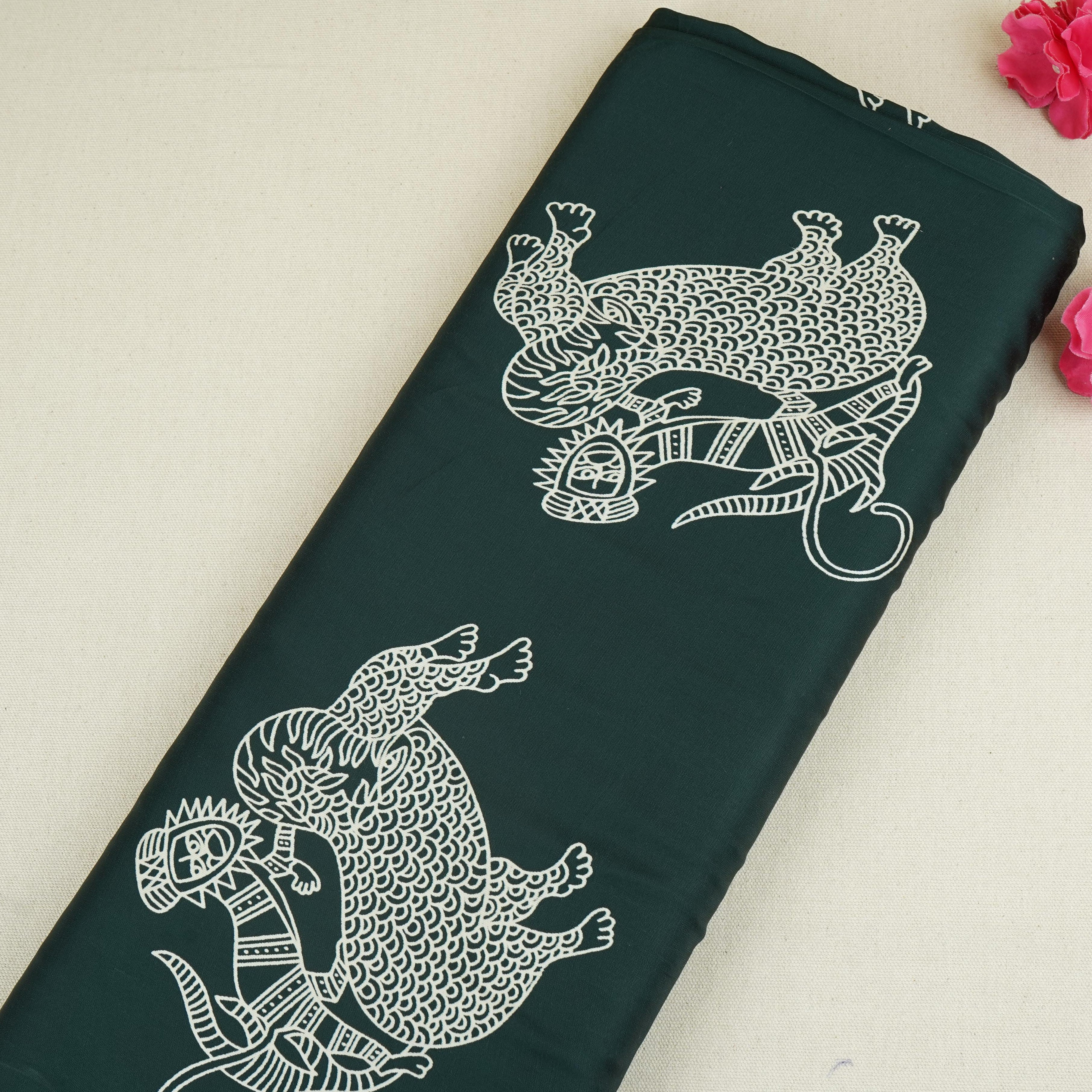 Dark Green Gond art Print Modal Satin SN-29516 - TradeUNO