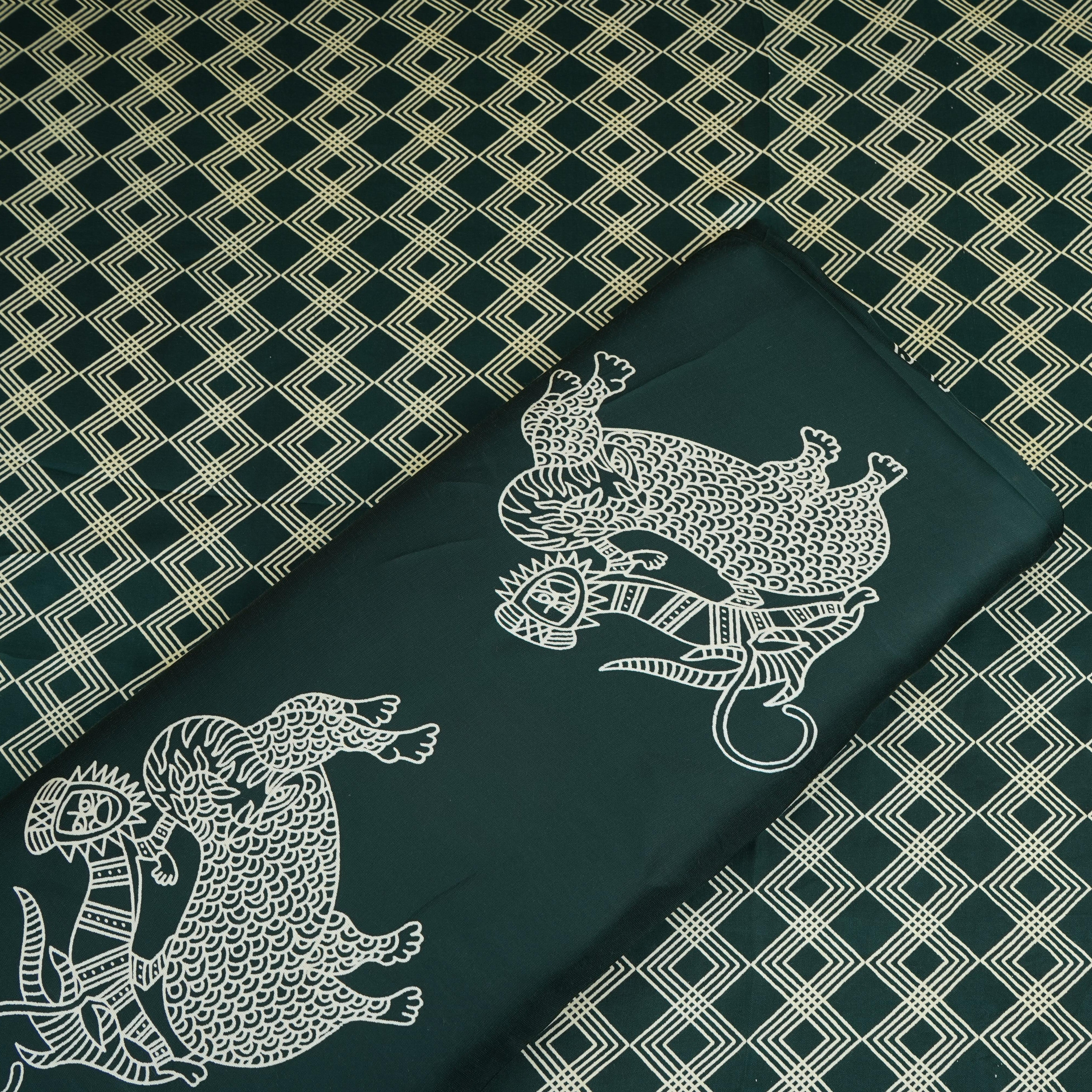 Dark Green Gond art Print Modal Satin SN-29516 - TradeUNO