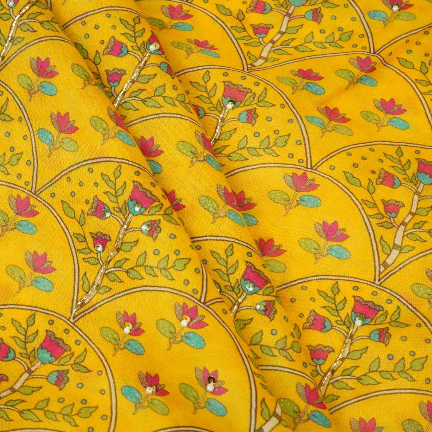 Yellow Floral Cutdana Mul Chanderi Fabric VF-30644