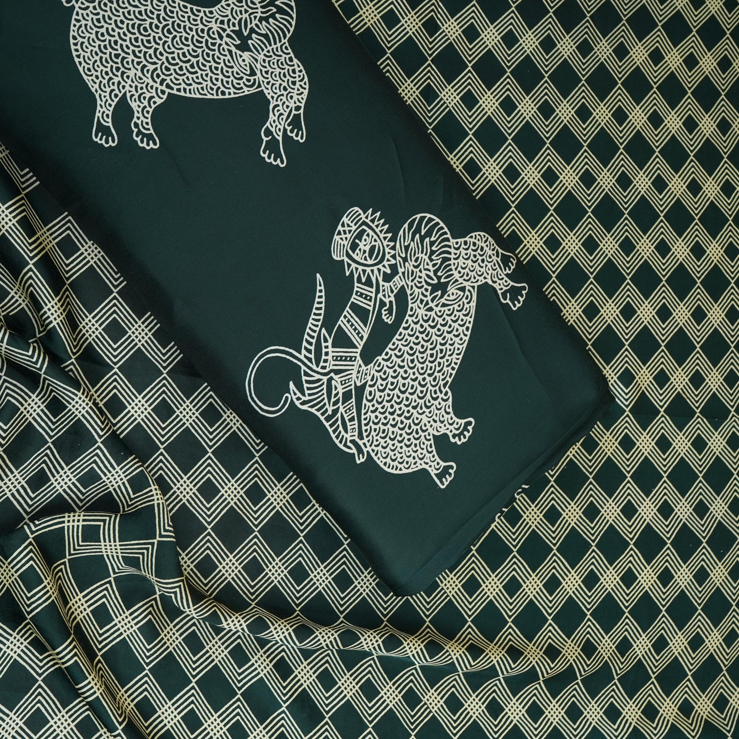 Dark Green Geomatrical Print Modal Satin SN-29511
