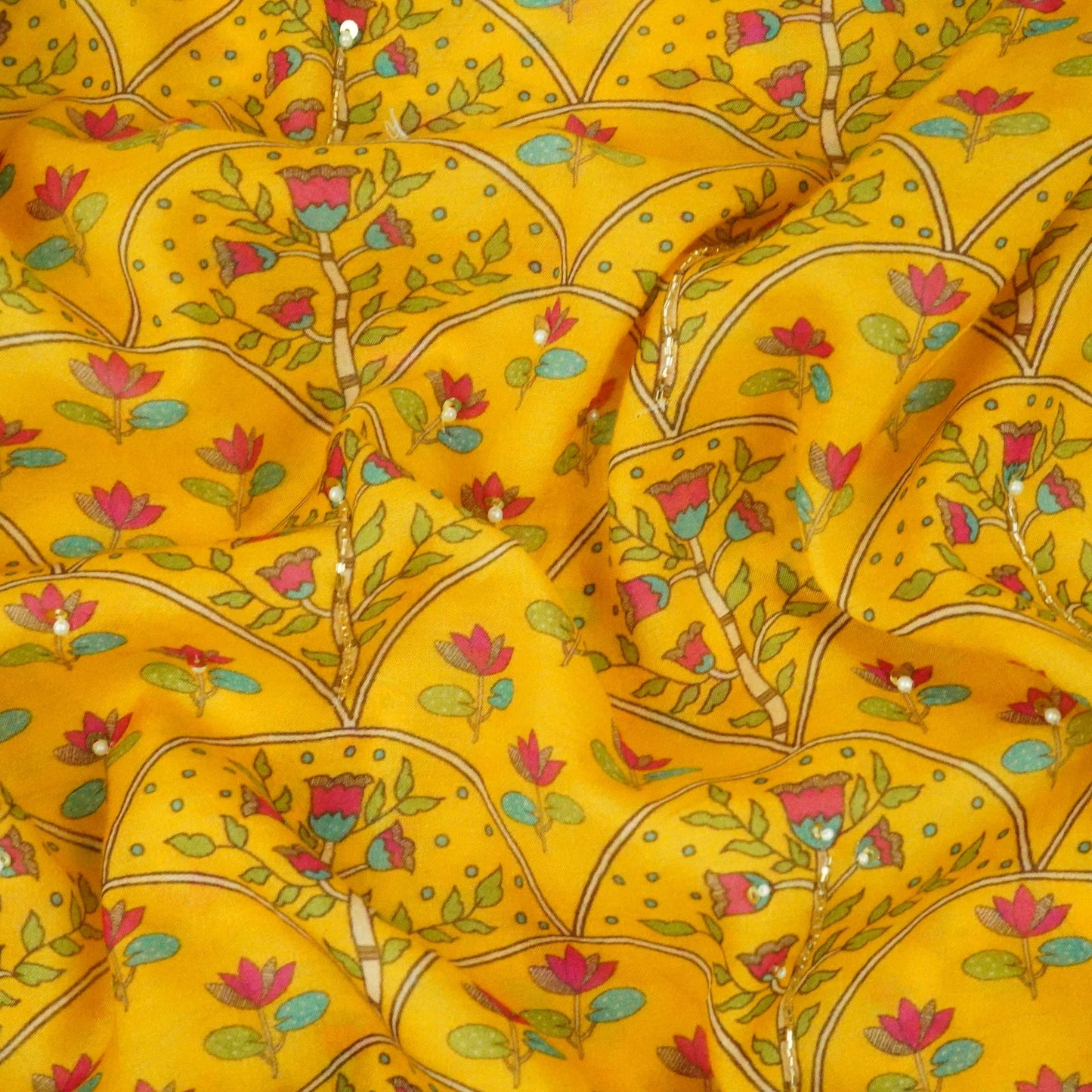 Yellow Floral Cutdana Mul Chanderi Fabric VF-30644