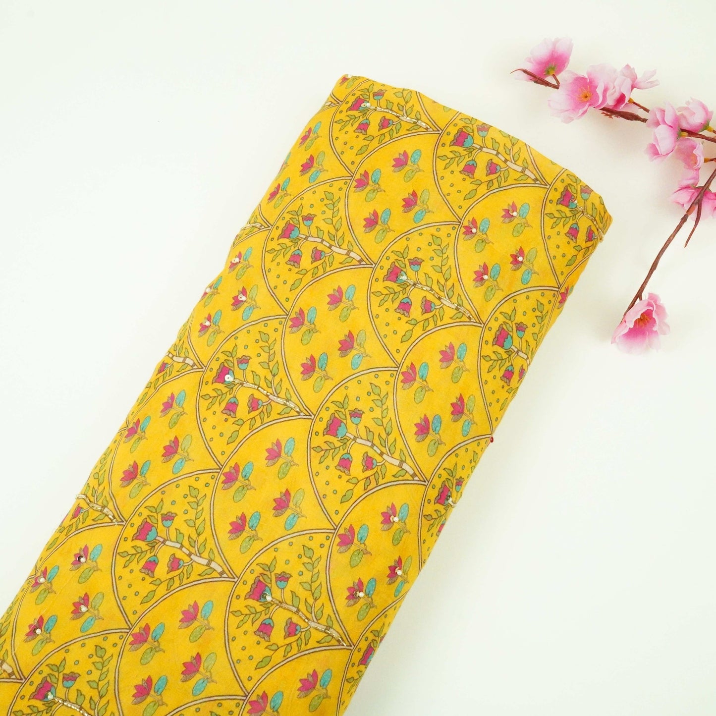 Yellow Floral Cutdana Mul Chanderi Fabric VF-30644