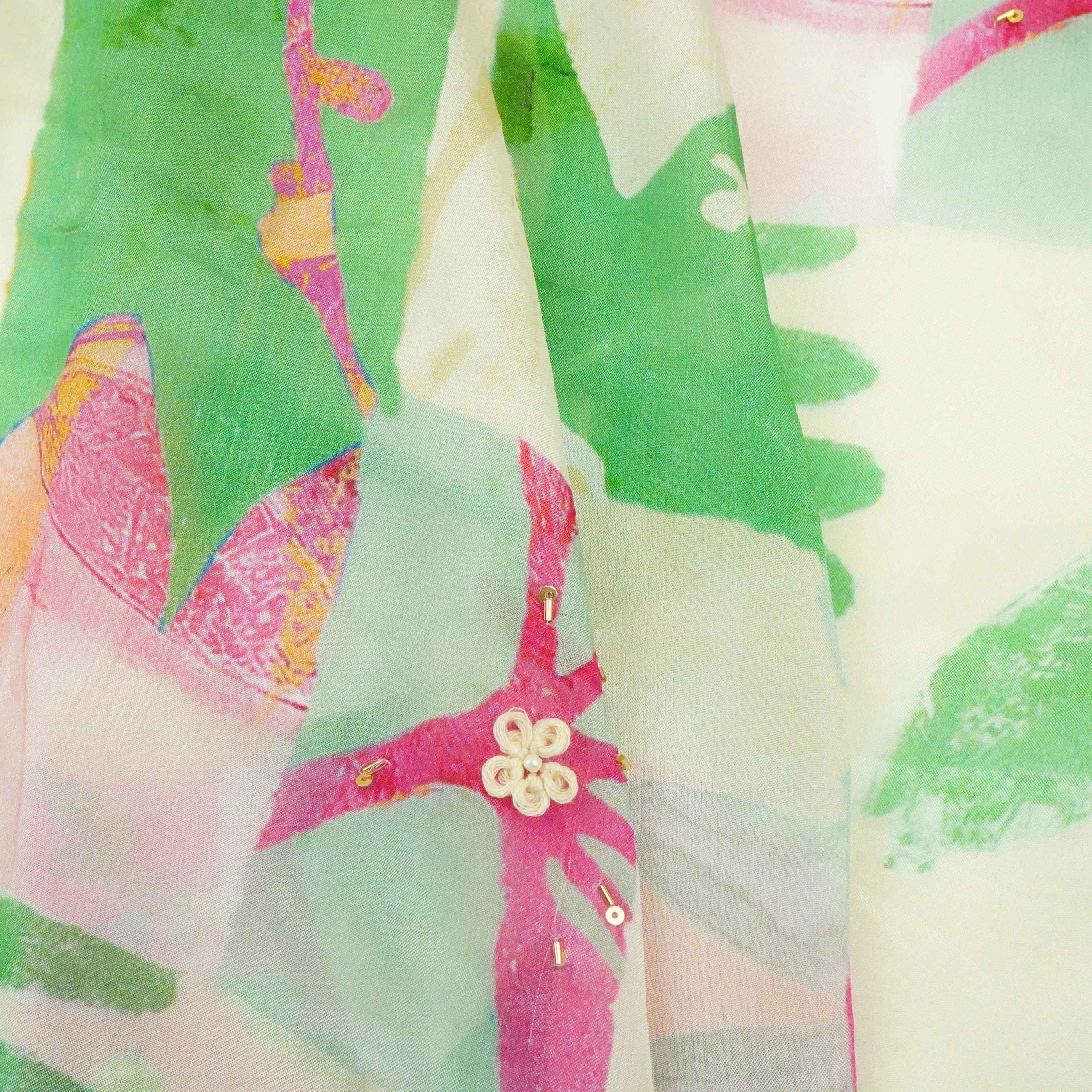 Pink & Peach Floral Hand Embroidery Chinnon Fabric VF-30660 - TradeUNO