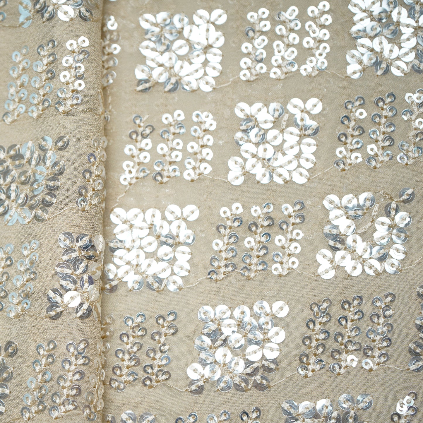 Dark Cream Geometrical Sequence Embroidery Georgette Fabric 16212