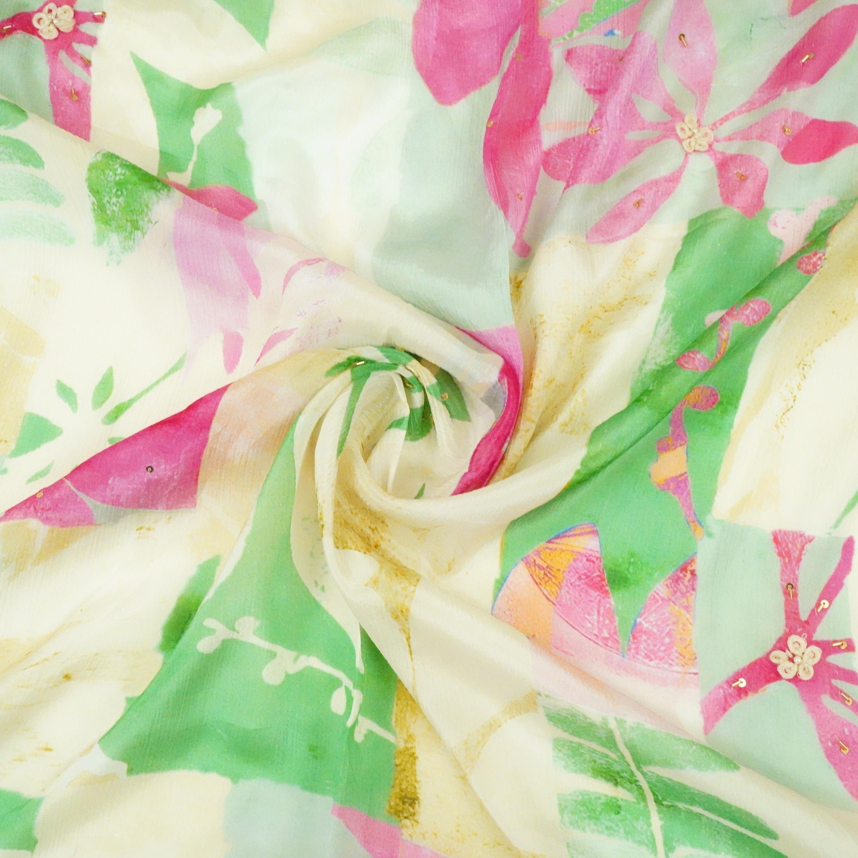 Pink & Peach Floral Hand Embroidery Chinnon Fabric VF-30660 - TradeUNO