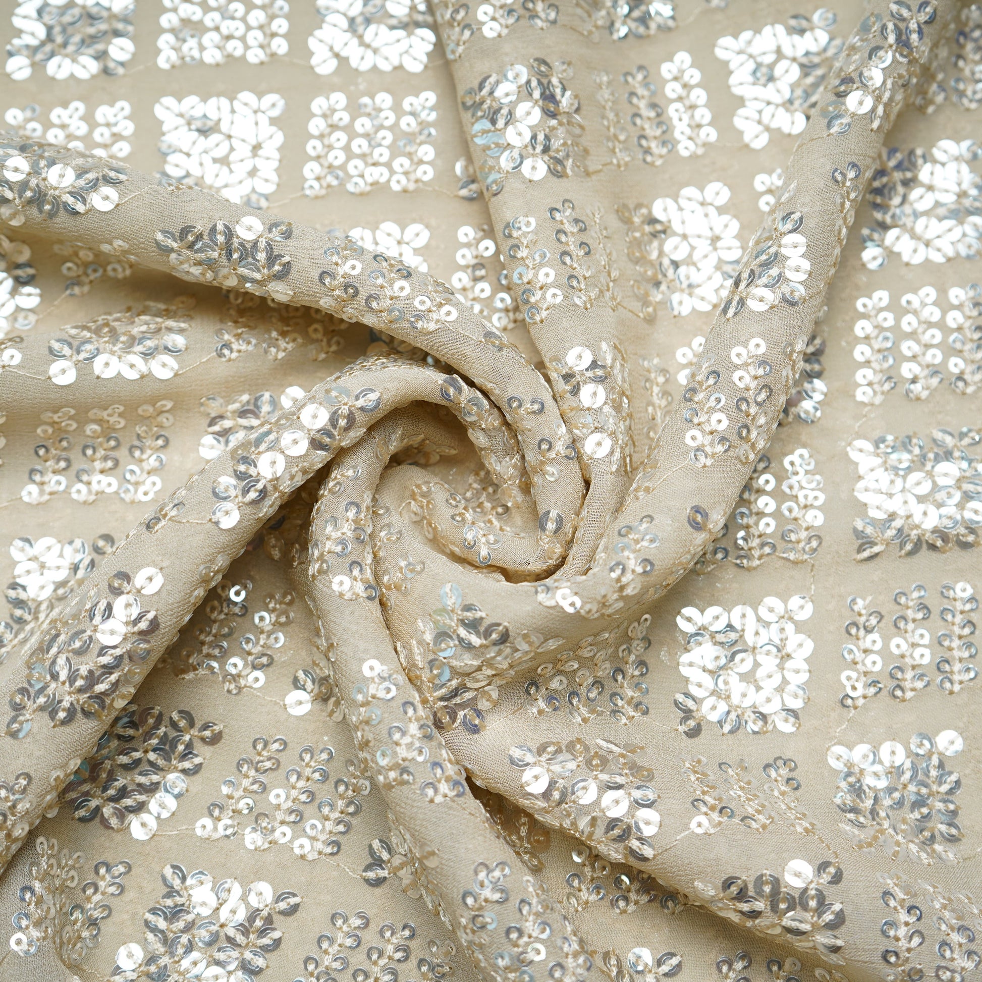 Dark Cream Geometrical Sequence Embroidery Georgette Fabric 16212