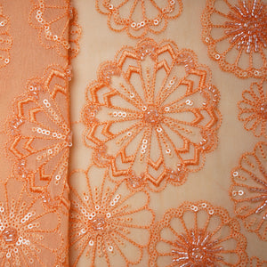 Premium Orange Floral CutDana Thread Embroidery Georgette Fabric
