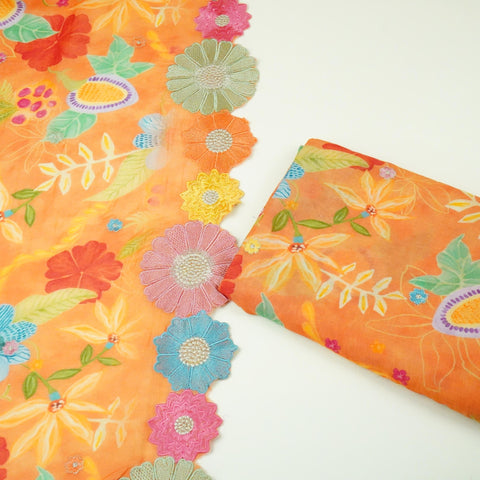 Peach 3D Floral Embroidery Mul Chanderi Fabric VF-30648