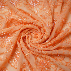 Premium Orange Floral CutDana Thread Embroidery Georgette Fabric
