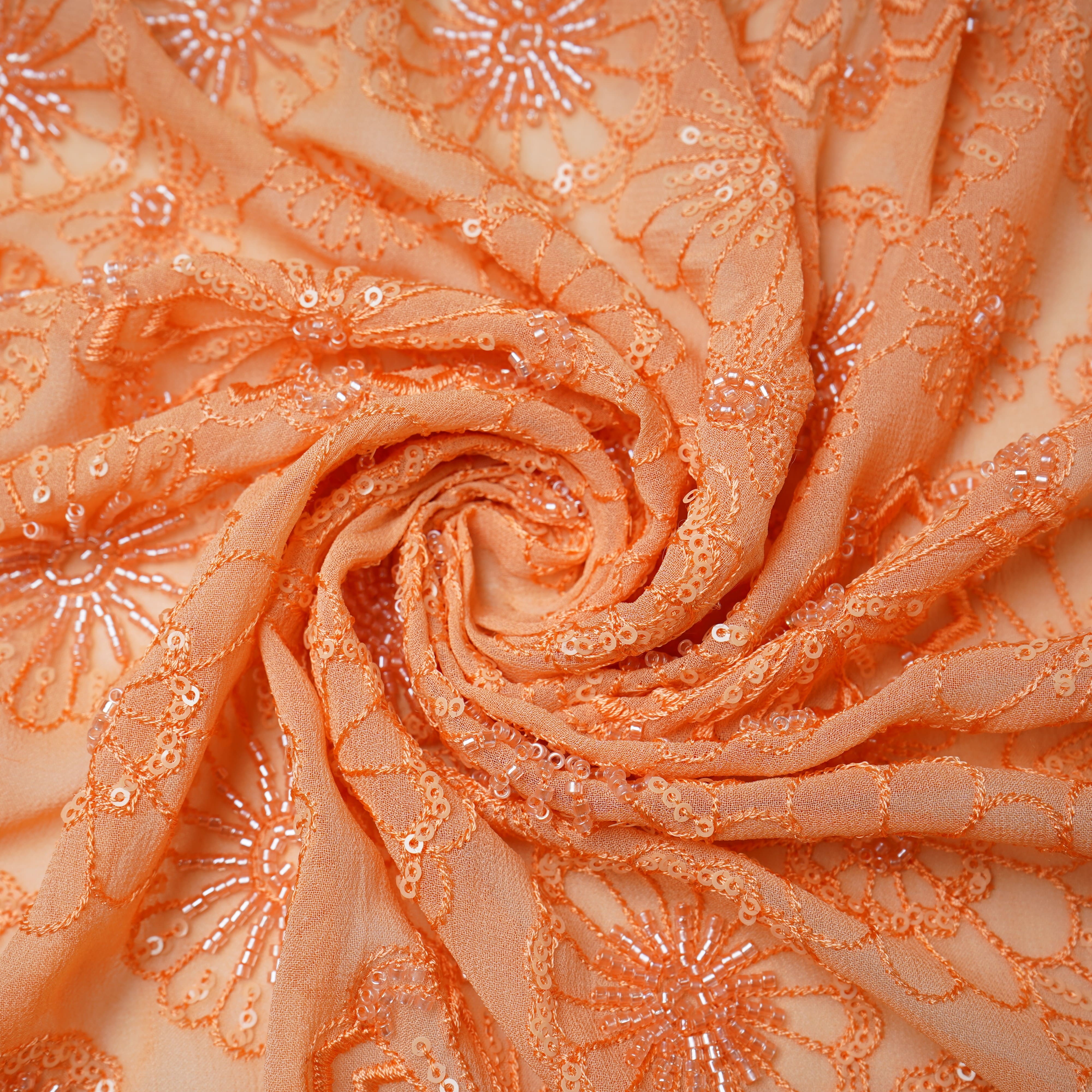 Premium Orange Floral CutDana Thread Embroidery Georgette Fabric