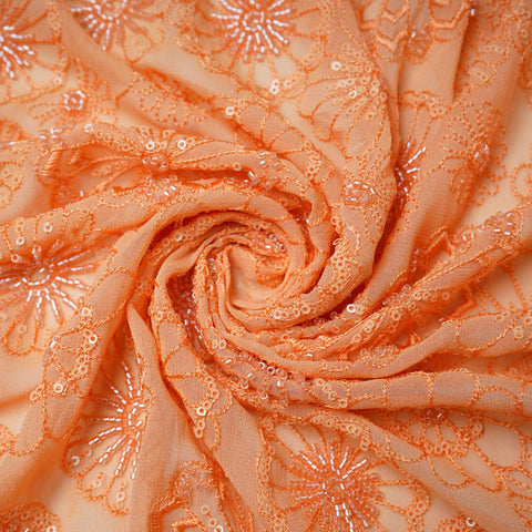 Premium Orange Floral CutDana Thread Embroidery Georgette Fabric