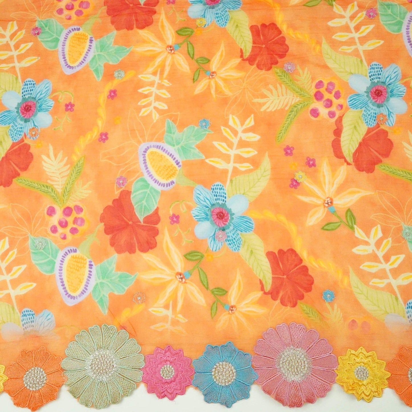 Peach 3D Floral Embroidery Mul Chanderi Fabric VF-30648