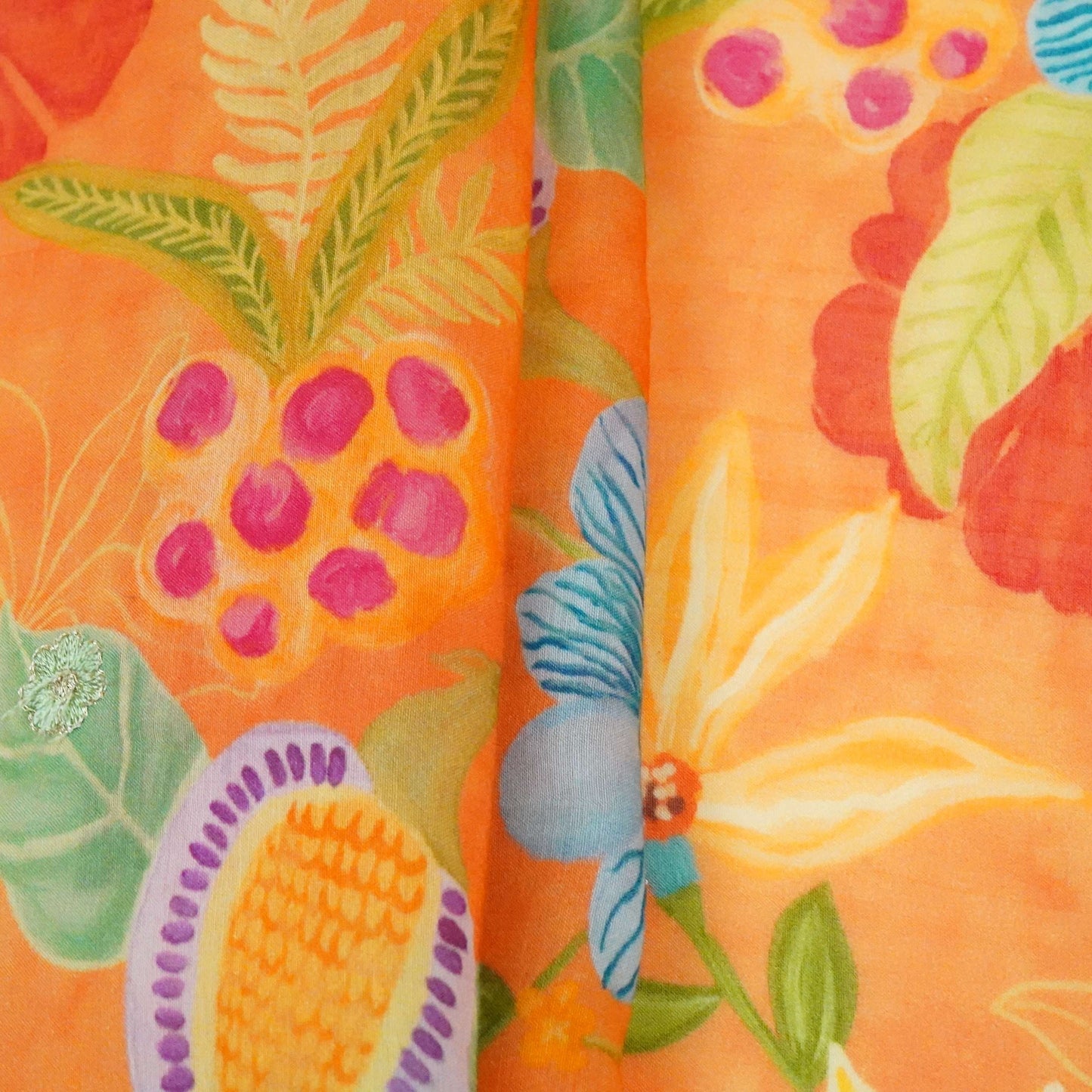 Peach 3D Floral Embroidery Mul Chanderi Fabric VF-30648