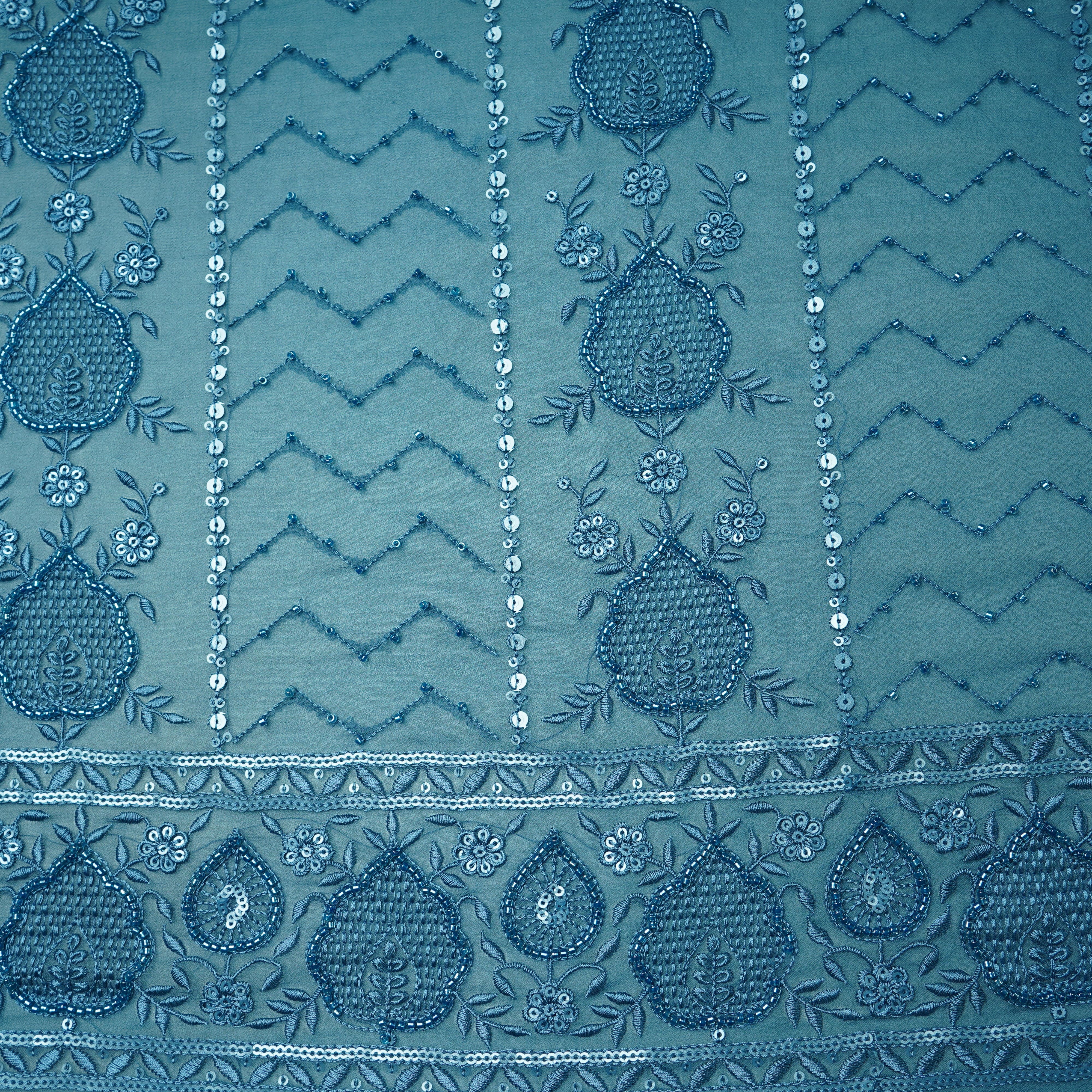 Premium Blue Tropical CutDana Thread Embroidery Georgette Fabric